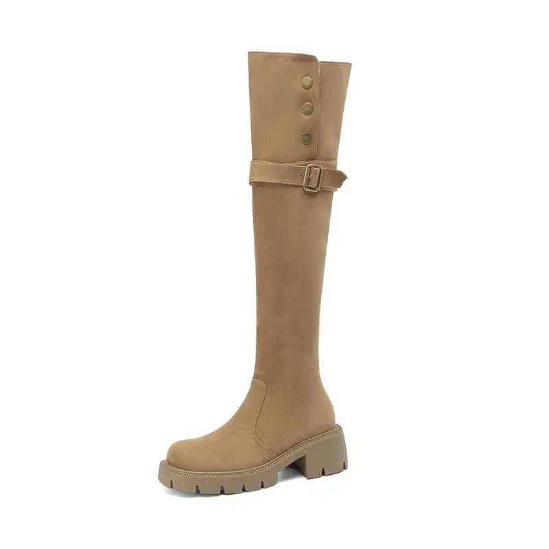 Tan knee-high boot with a buckle on a white background