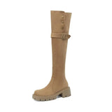 Tan knee-high boot with a buckle on a white background