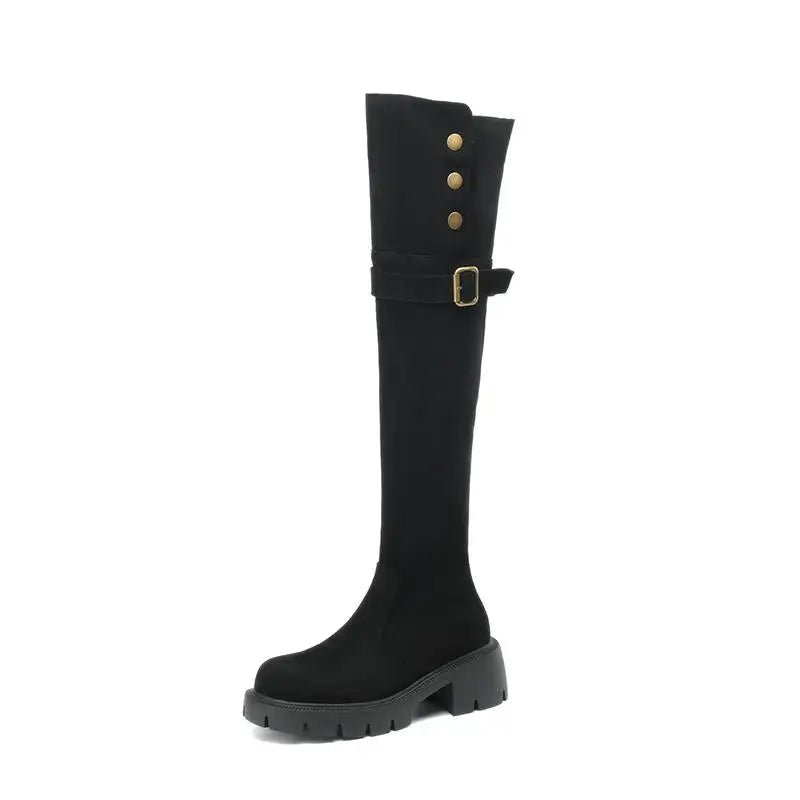 A single black knee-high boot with a thick lug sole, a buckle strap around the shaft, and three gold-tone decorative buttons, shown against a plain white background.