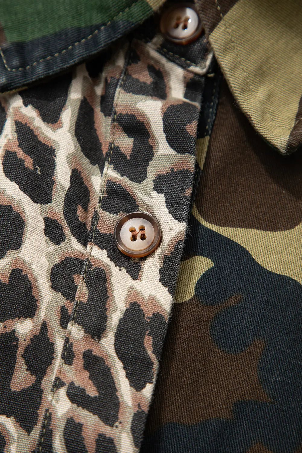 Close-up of a button on a garment with leopard print and camouflage patterns.