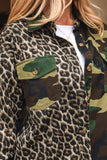 Leopard print jacket with camouflage pocket and green accents