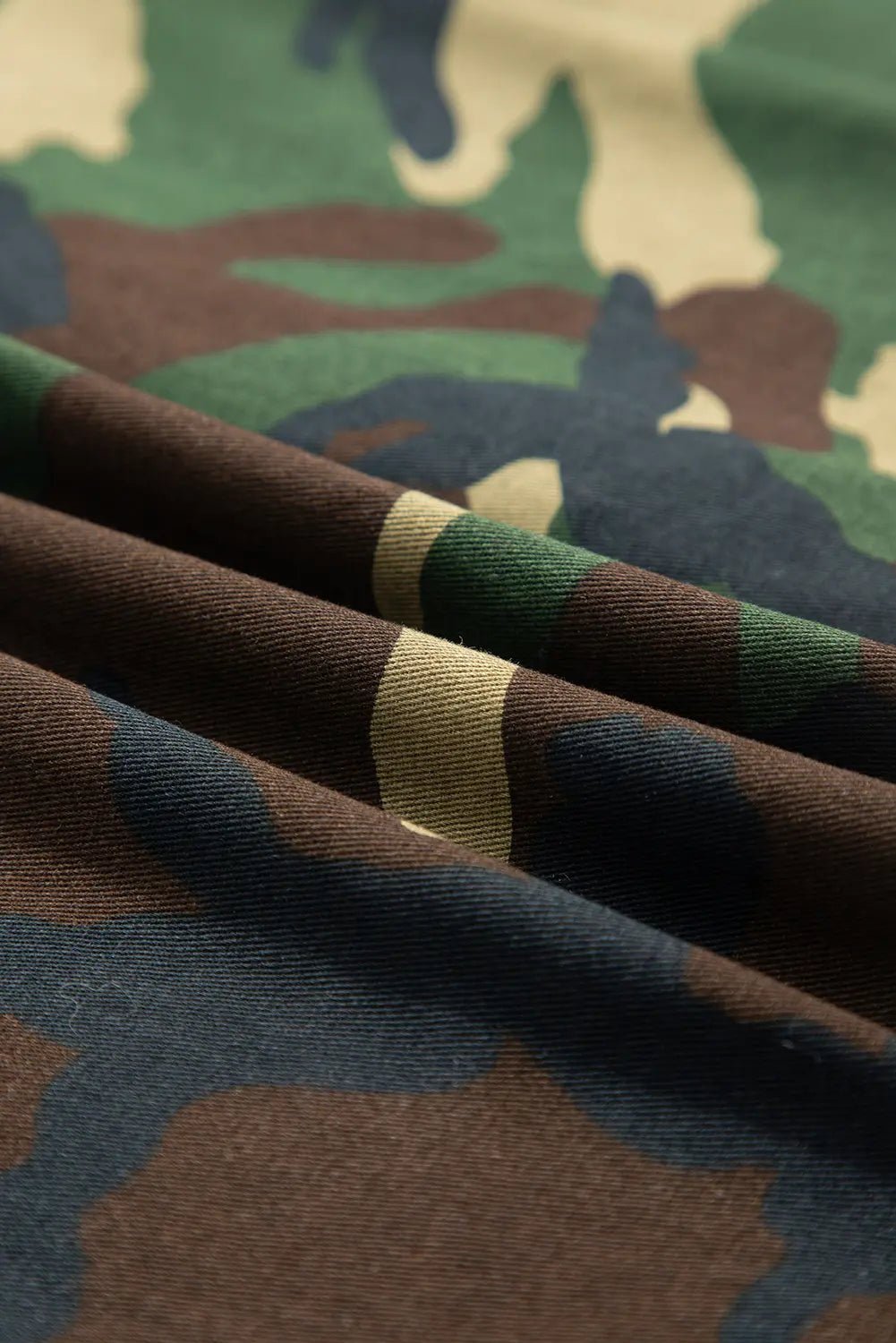 Close-up of camouflage fabric with brown, green, and blue patterns.