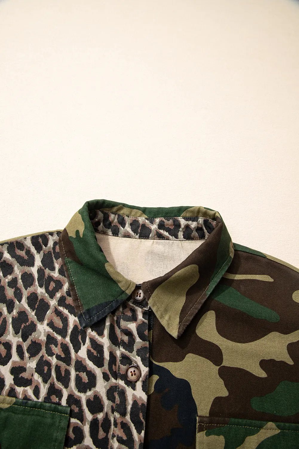 Collar of a jacket with camouflage and leopard print patterns on a beige background