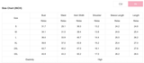 Size chart for clothing measurements in inches and centimeters