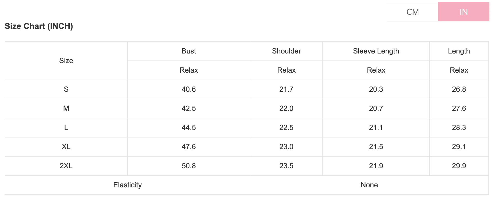 Size chart for clothing measurements in inches and centimeters