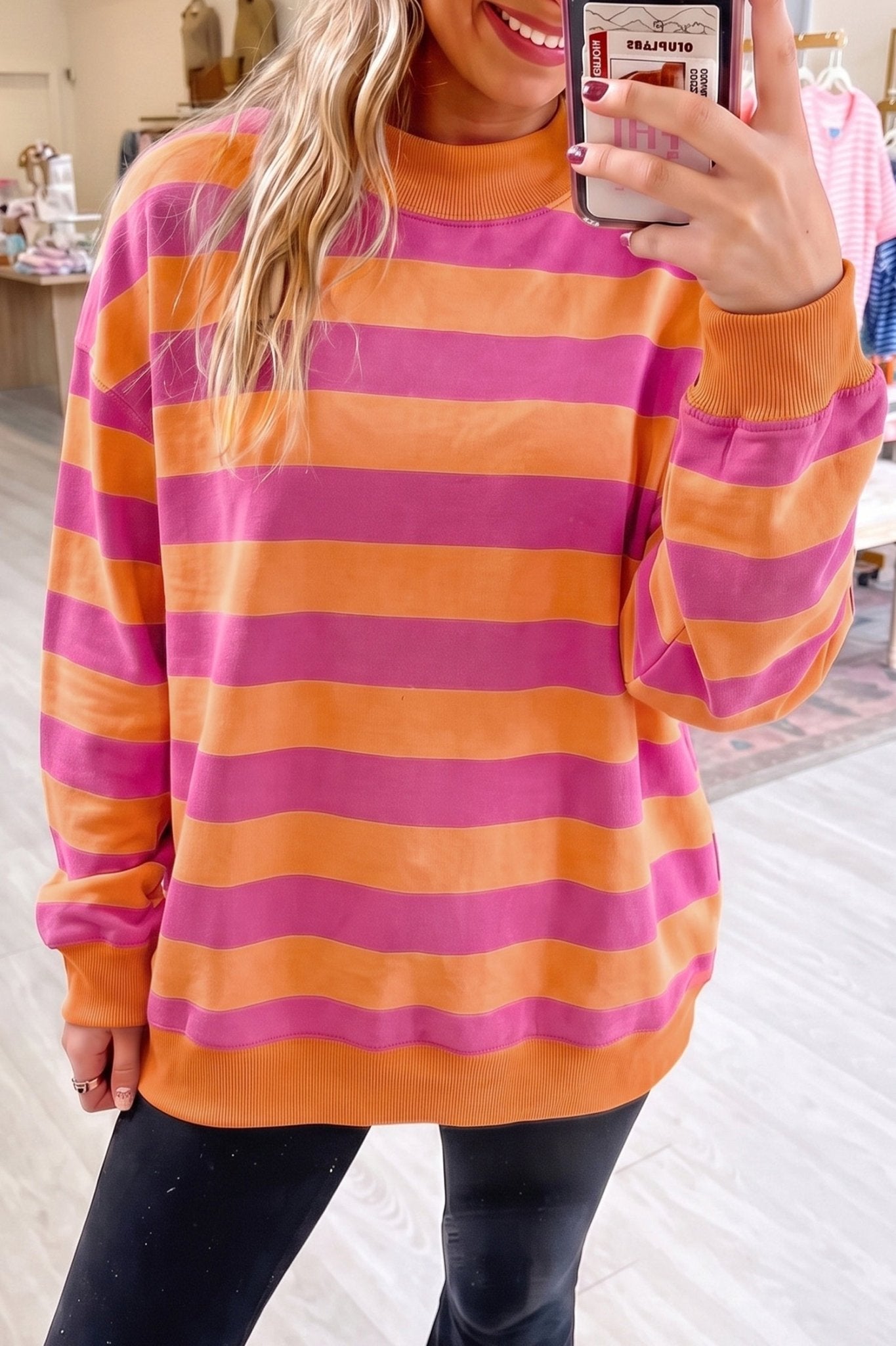Oversized Stripe Mock Neck Cuff Hem Sweatshirt | Zarnesh