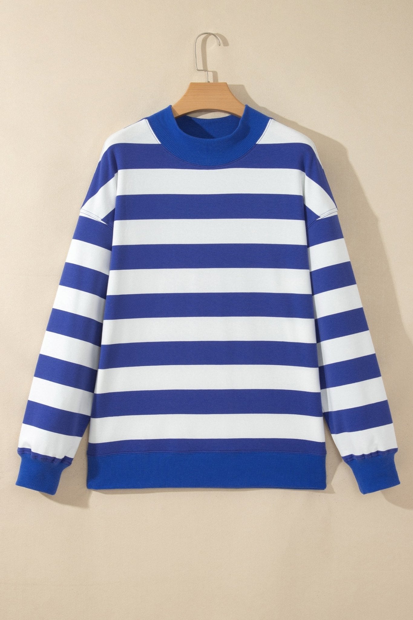 Oversized Stripe Mock Neck Cuff Hem Sweatshirt | Zarnesh