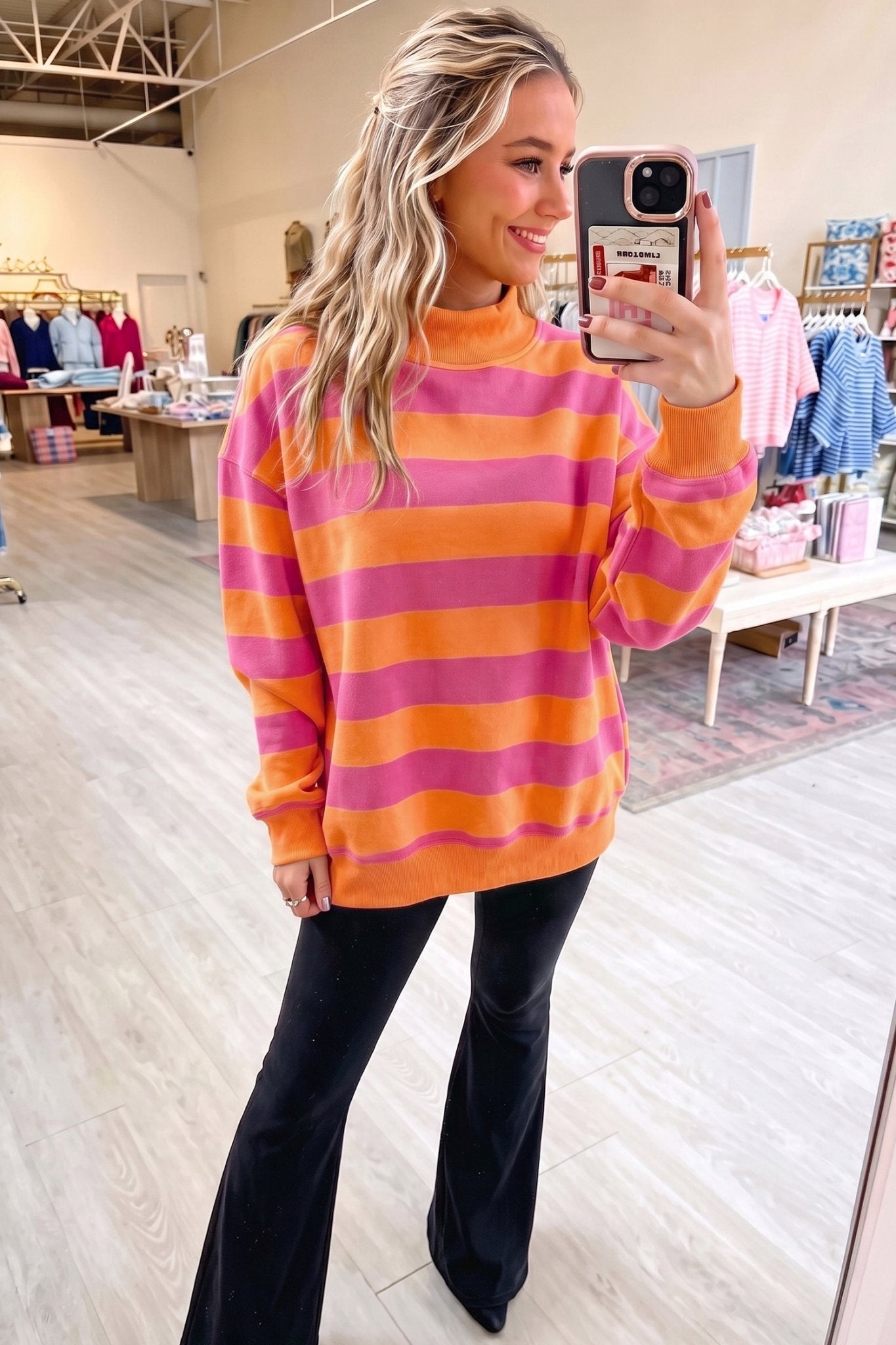 Oversized Stripe Mock Neck Cuff Hem Sweatshirt | Zarnesh