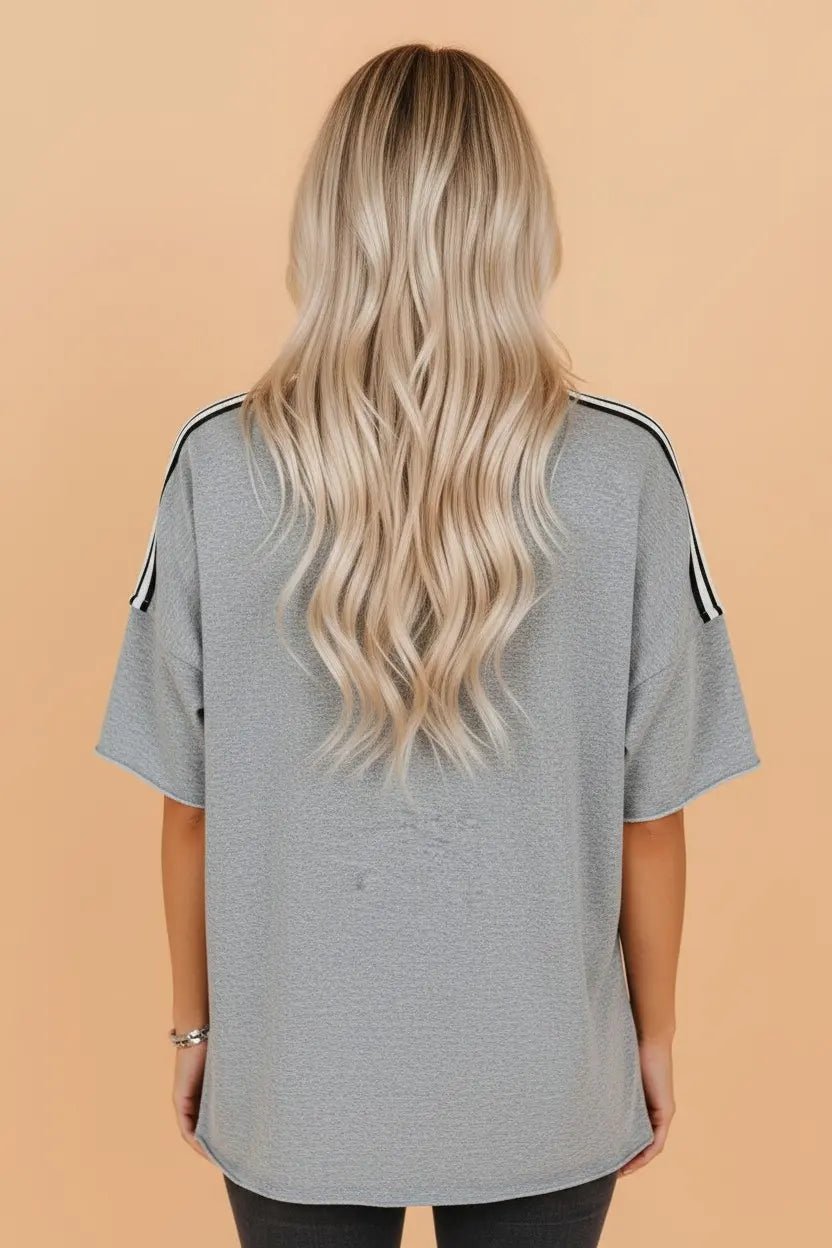 Oversized Striped Patchwork Sleeve Raw Edge Tee | Zarnesh