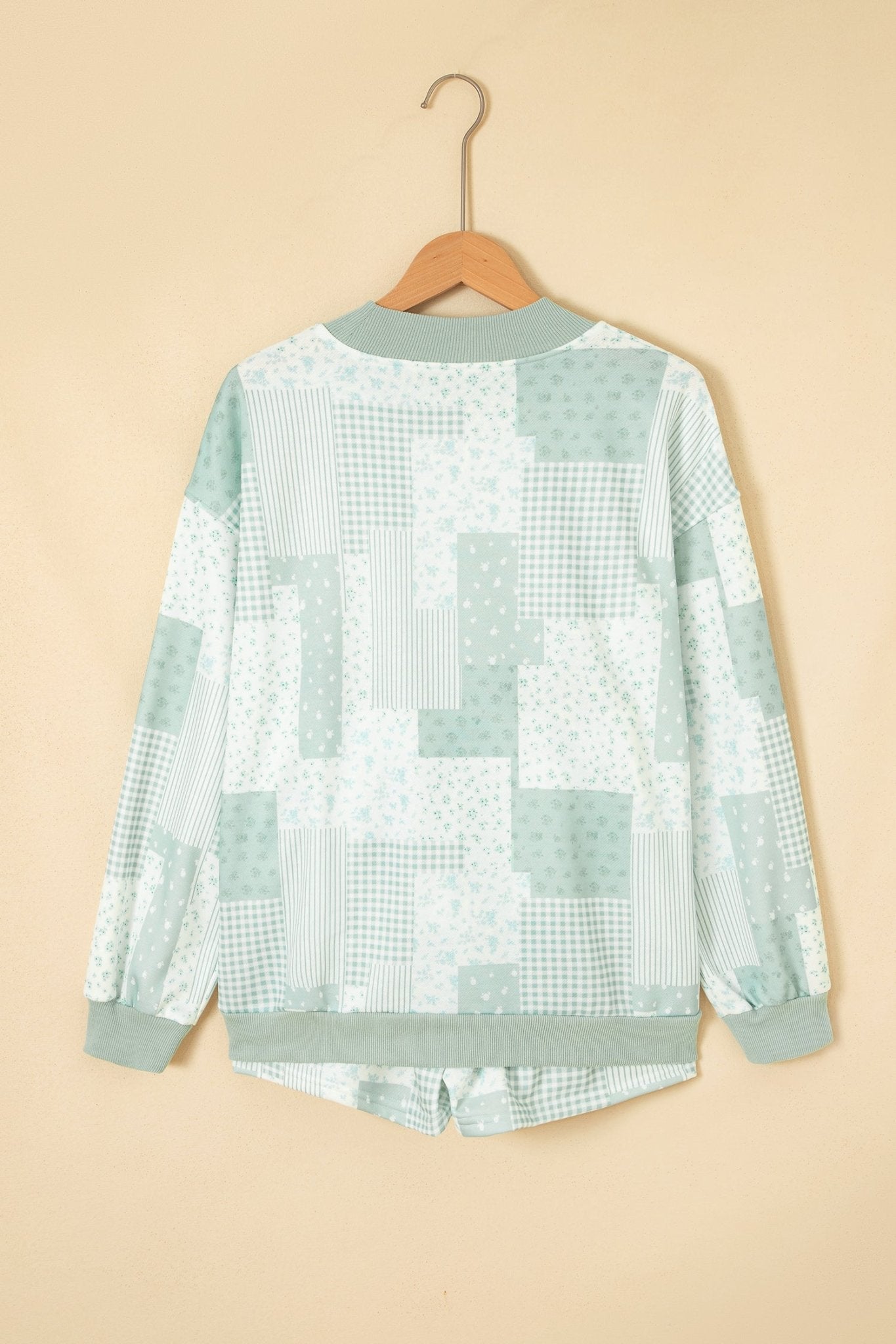 Co-ord sage green ditsy floral patchwork loungewear sweatshirt and mini shorts set