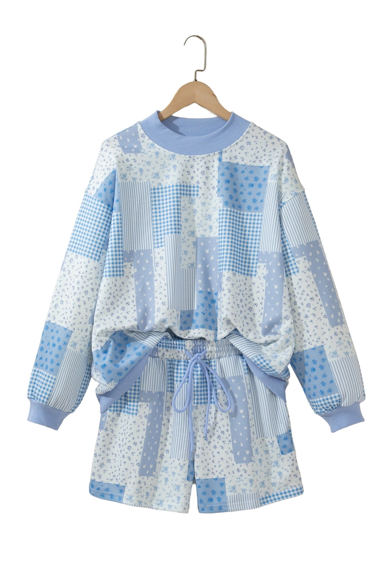 patchwork long-sleeve top and shorts co-ord set worn in mirror selfie.
