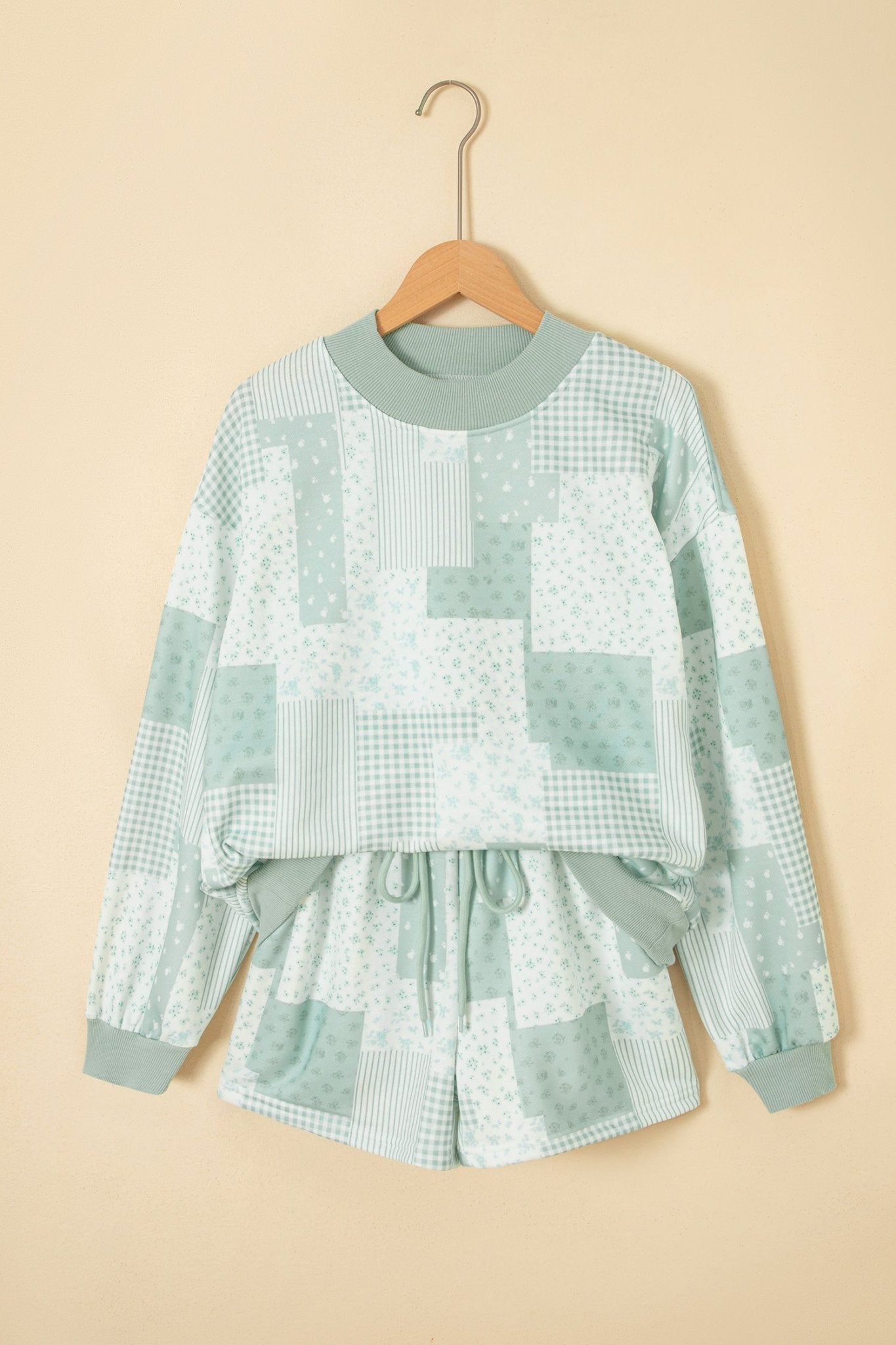 Co-ord sage green ditsy floral patchwork loungewear sweatshirt and mini shorts set
