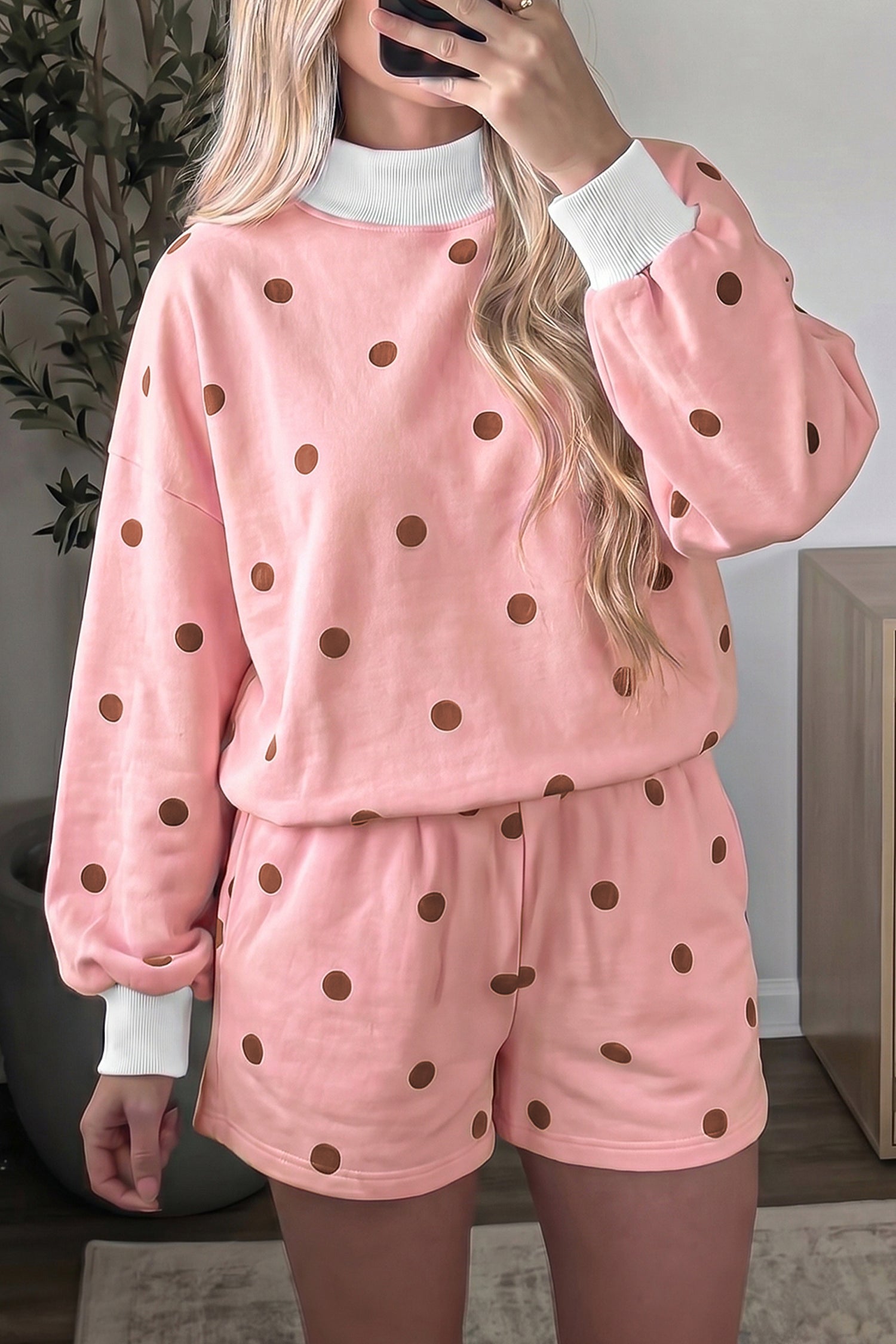 Pink polka dot ribbed trim top and shorts set, front view on model