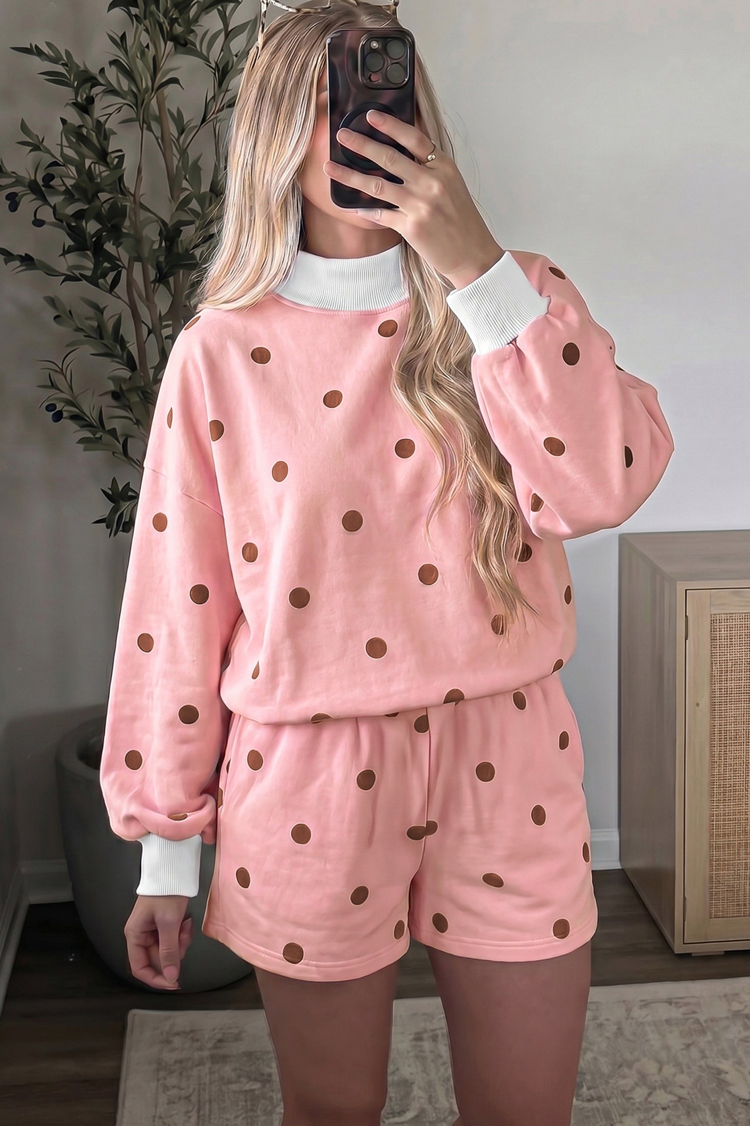 Women's pink polka dot long sleeve top and shorts casual set