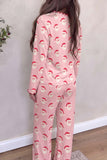 Back view of pink Santa print long sleeve top and wide leg lounge pants set