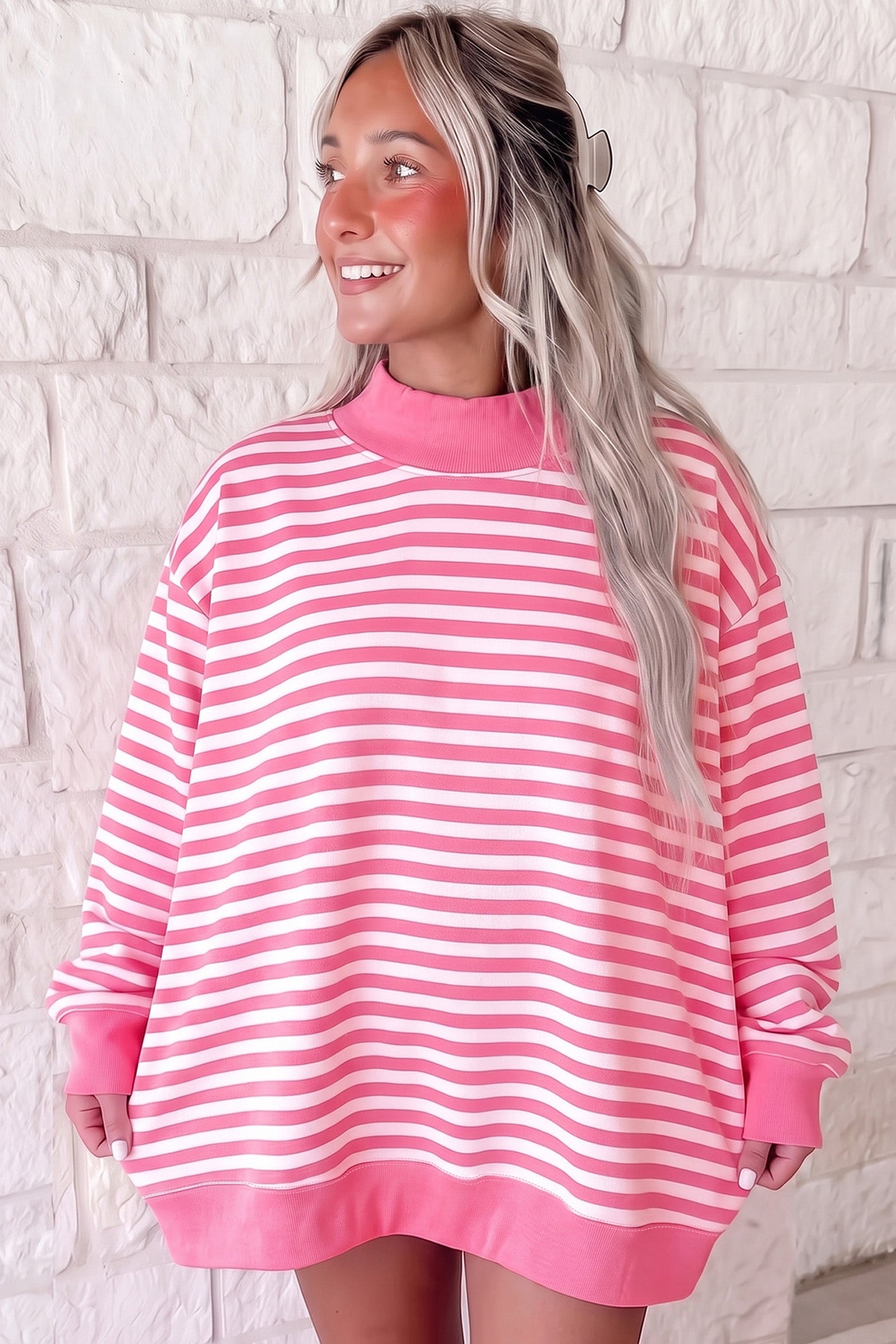 Women's pink stripe oversized sweatshirt with ribbed mock neck