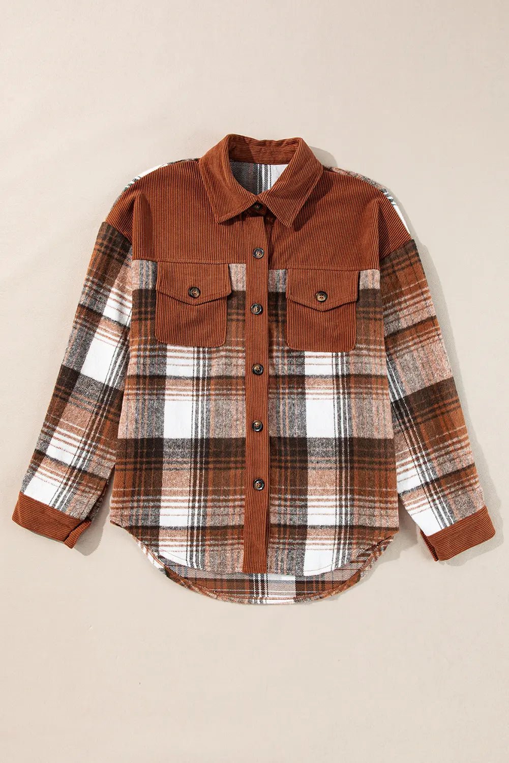Plaid shirt with brown and checkered pattern on a beige background