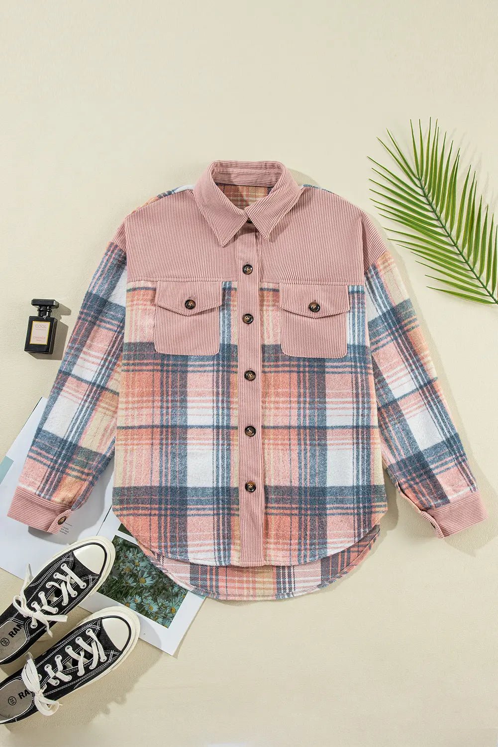 Plaid shirt with pink and blue pattern on a light background