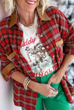 Woman in red-black plaid flannel with brown corduroy trim and green pants.