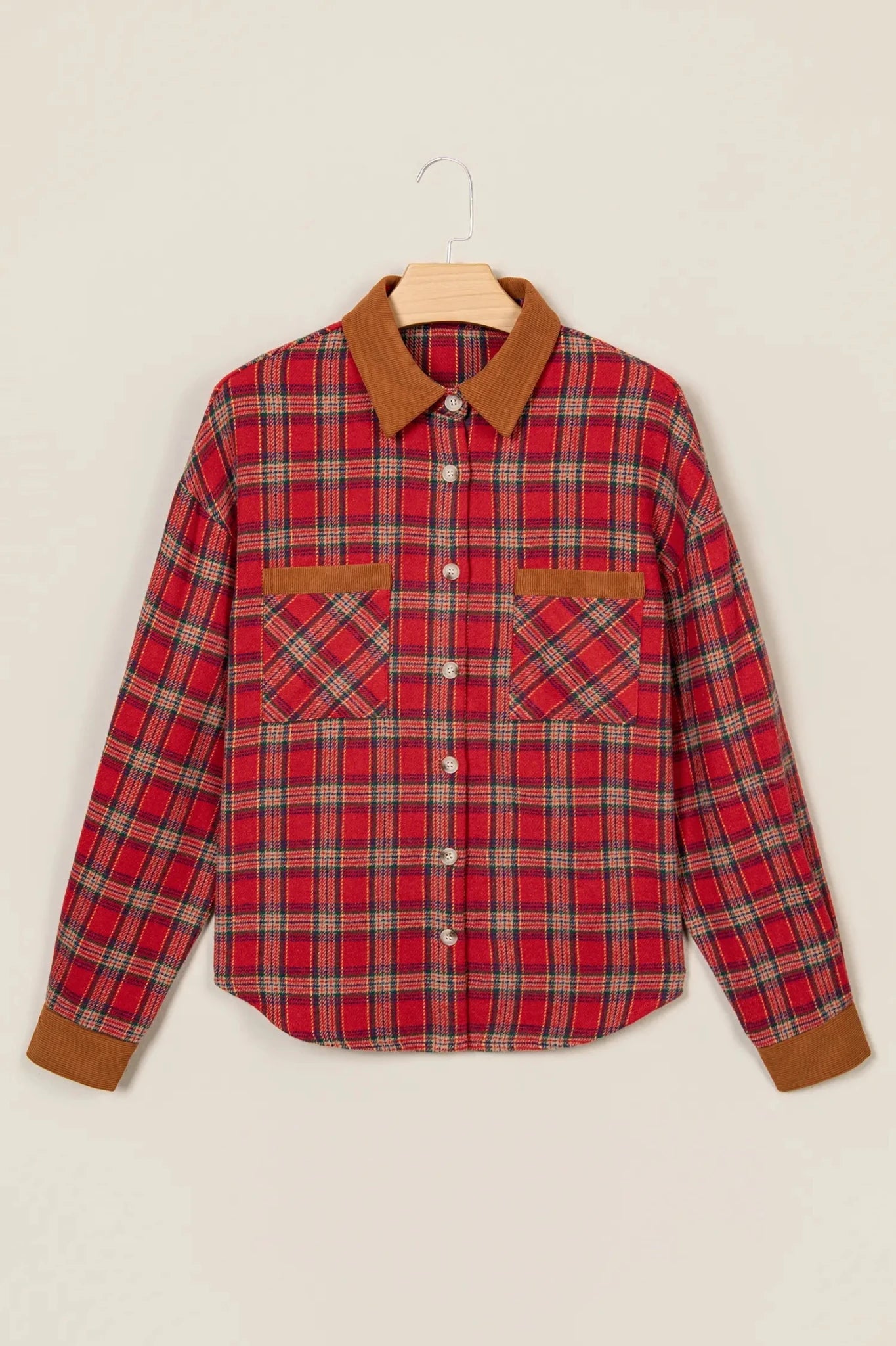 Red-beige plaid shirt with brown corduroy collar, cuffs, and chest pockets.