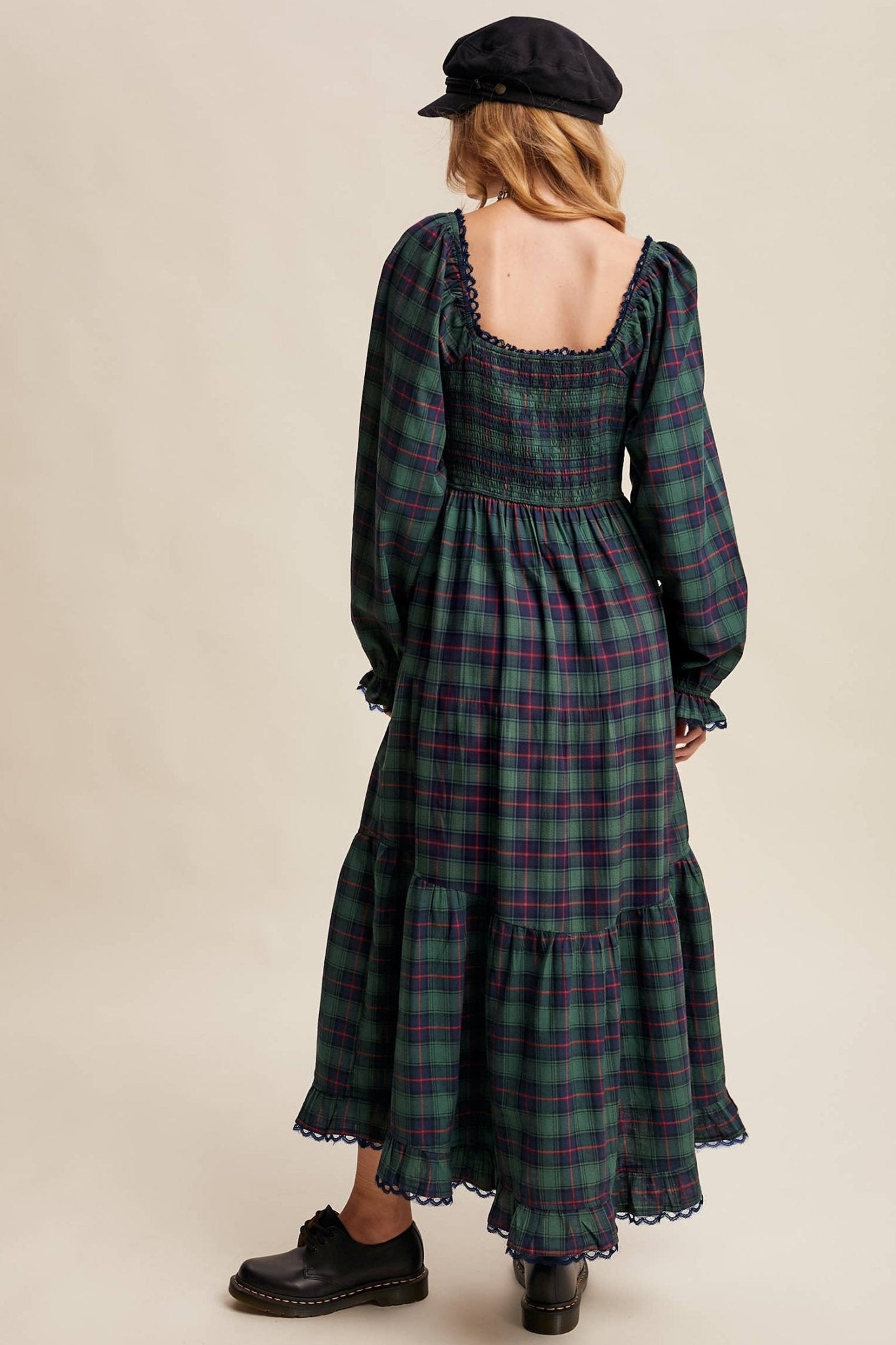 Plaid Long Sleeve Lace Trim Bow Midi Dress | Zarnesh - Zarnesh