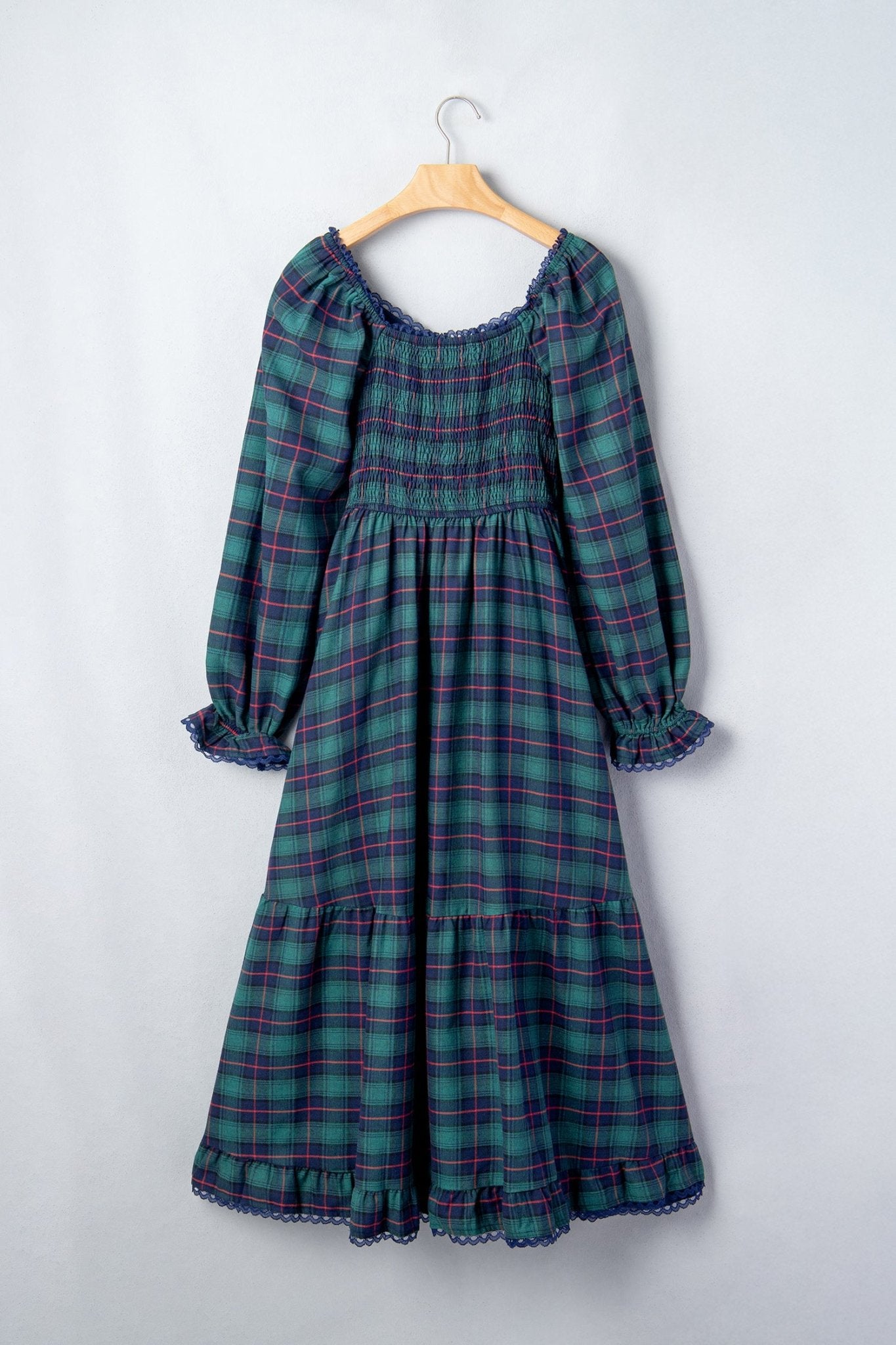 Plaid Long Sleeve Lace Trim Bow Midi Dress | Zarnesh - Zarnesh