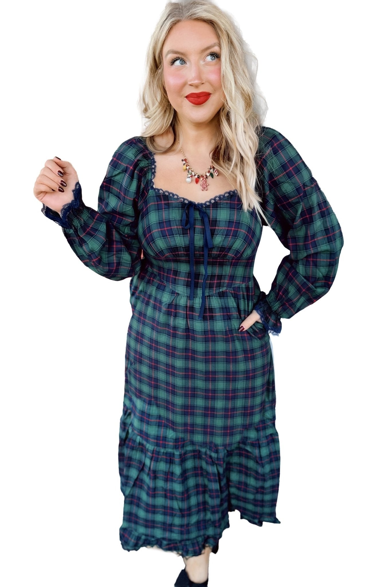 Plaid Long Sleeve Lace Trim Bow Midi Dress | Zarnesh - Zarnesh
