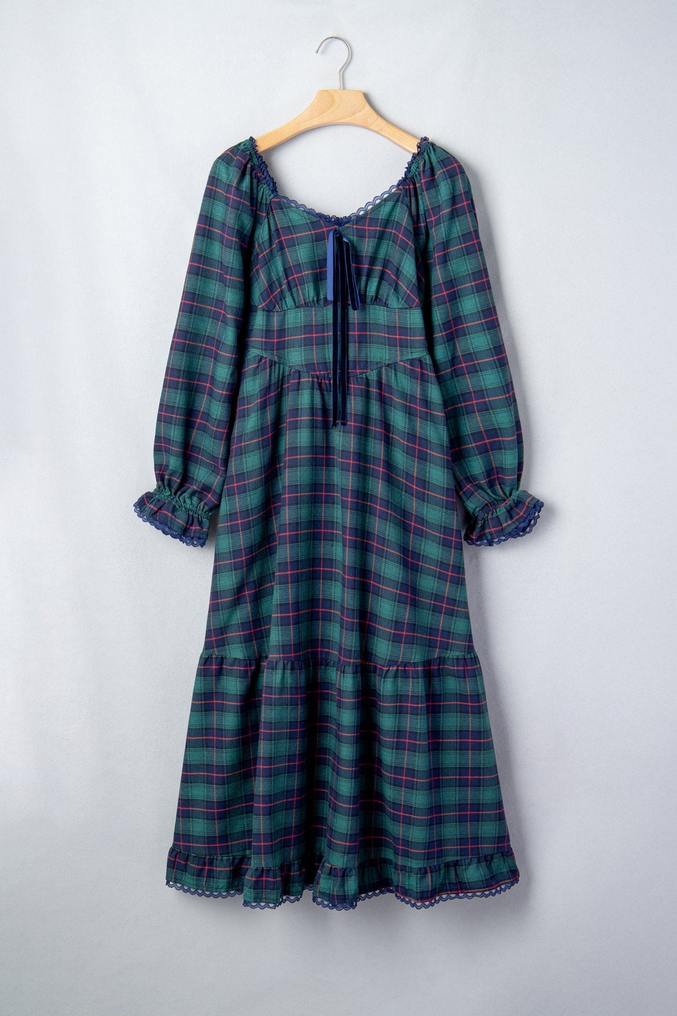 Plaid Long Sleeve Lace Trim Bow Midi Dress | Zarnesh - Zarnesh