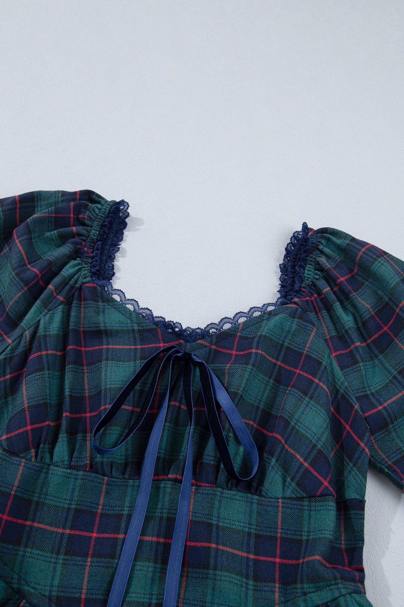 Plaid Long Sleeve Lace Trim Bow Midi Dress | Zarnesh - Zarnesh