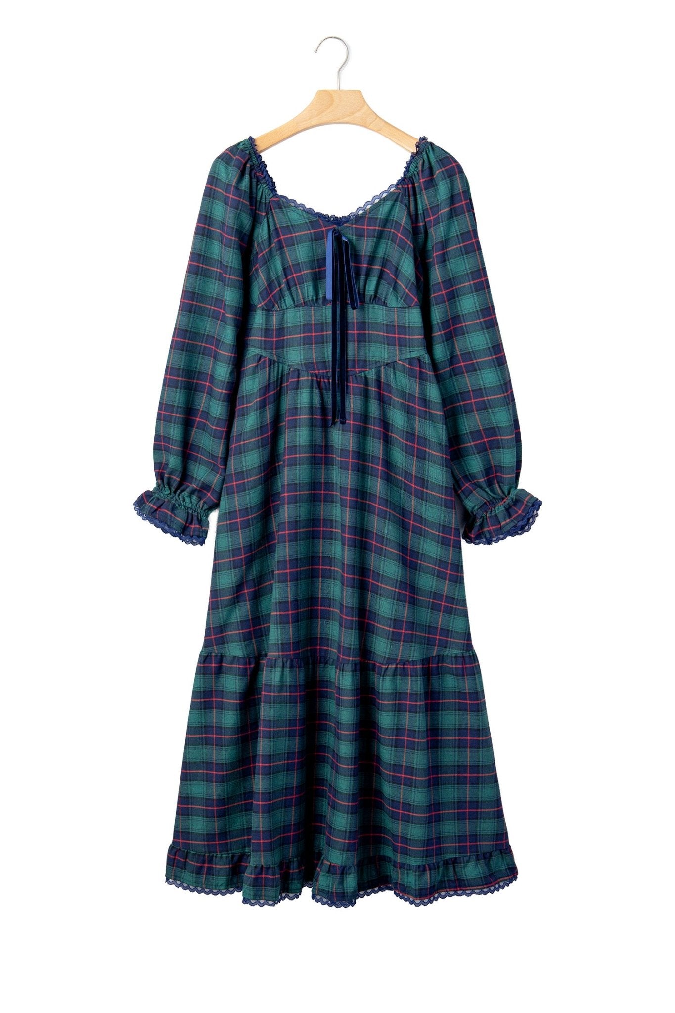 Plaid Long Sleeve Lace Trim Bow Midi Dress | Zarnesh - Zarnesh