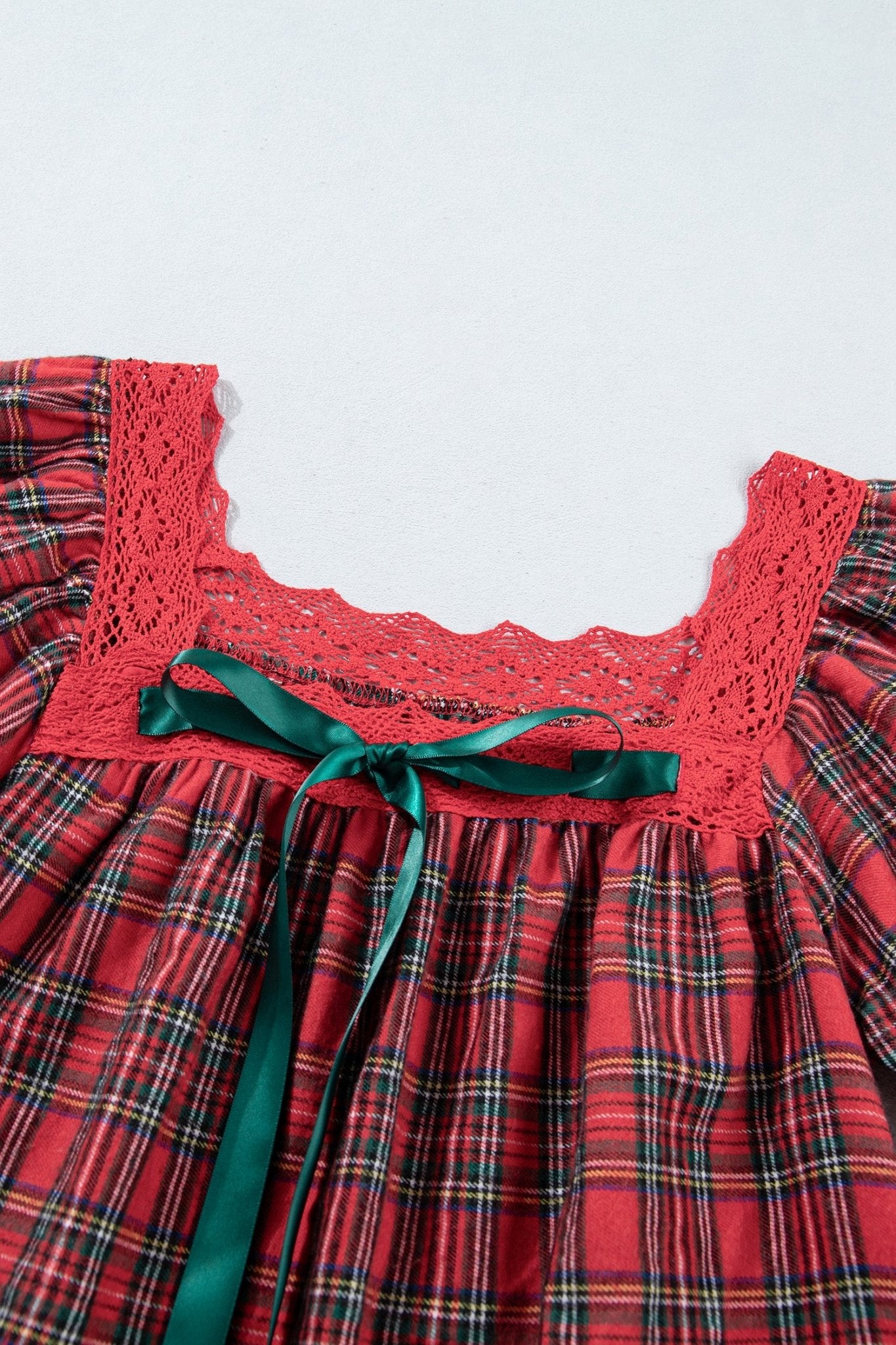 Plaid Puff Sleeve Green Bow Babydoll Mini Dress | Zarnesh - Zarnesh - Dresses/Mini Dresses