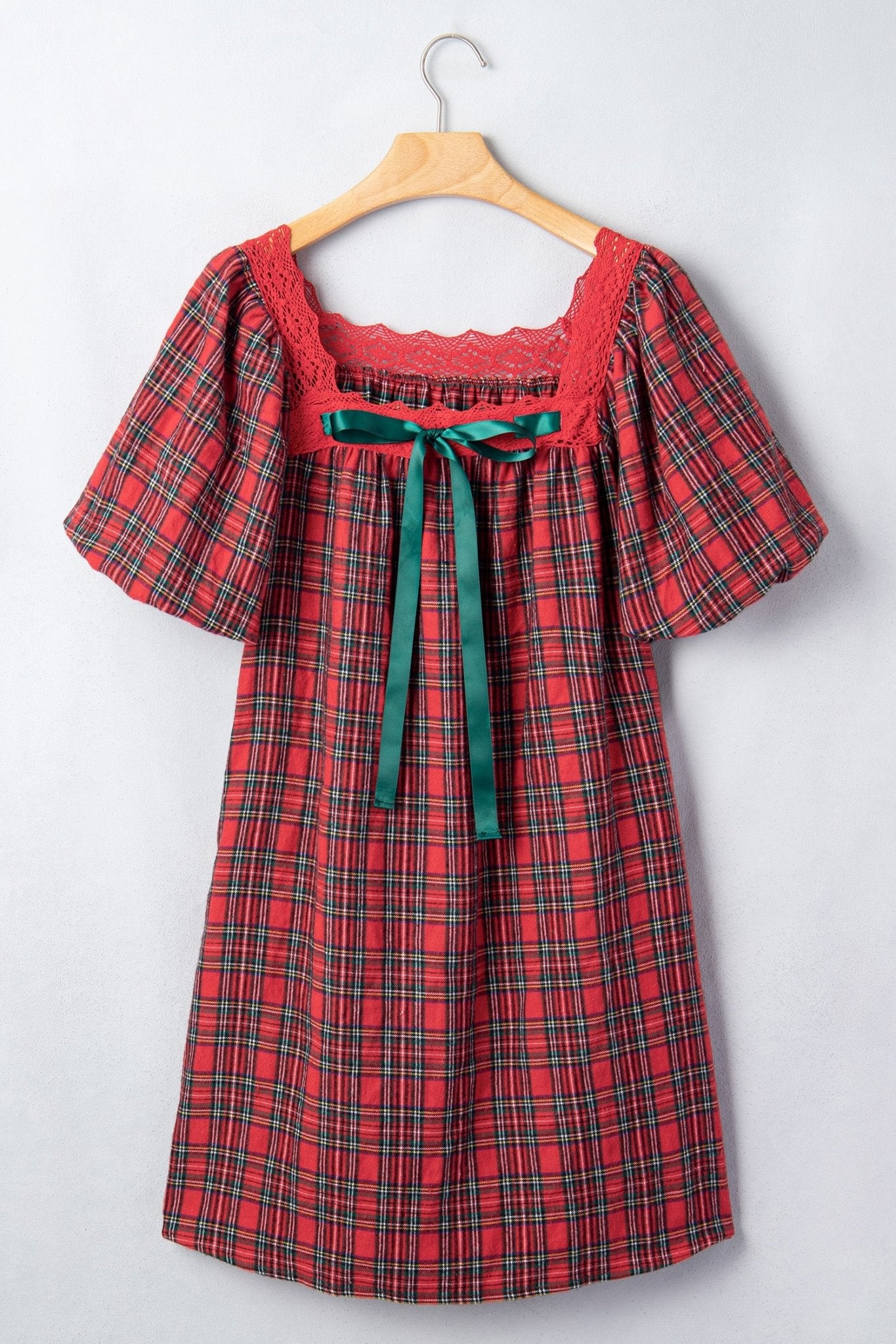 Plaid Puff Sleeve Green Bow Babydoll Mini Dress | Zarnesh - Zarnesh - Dresses/Mini Dresses