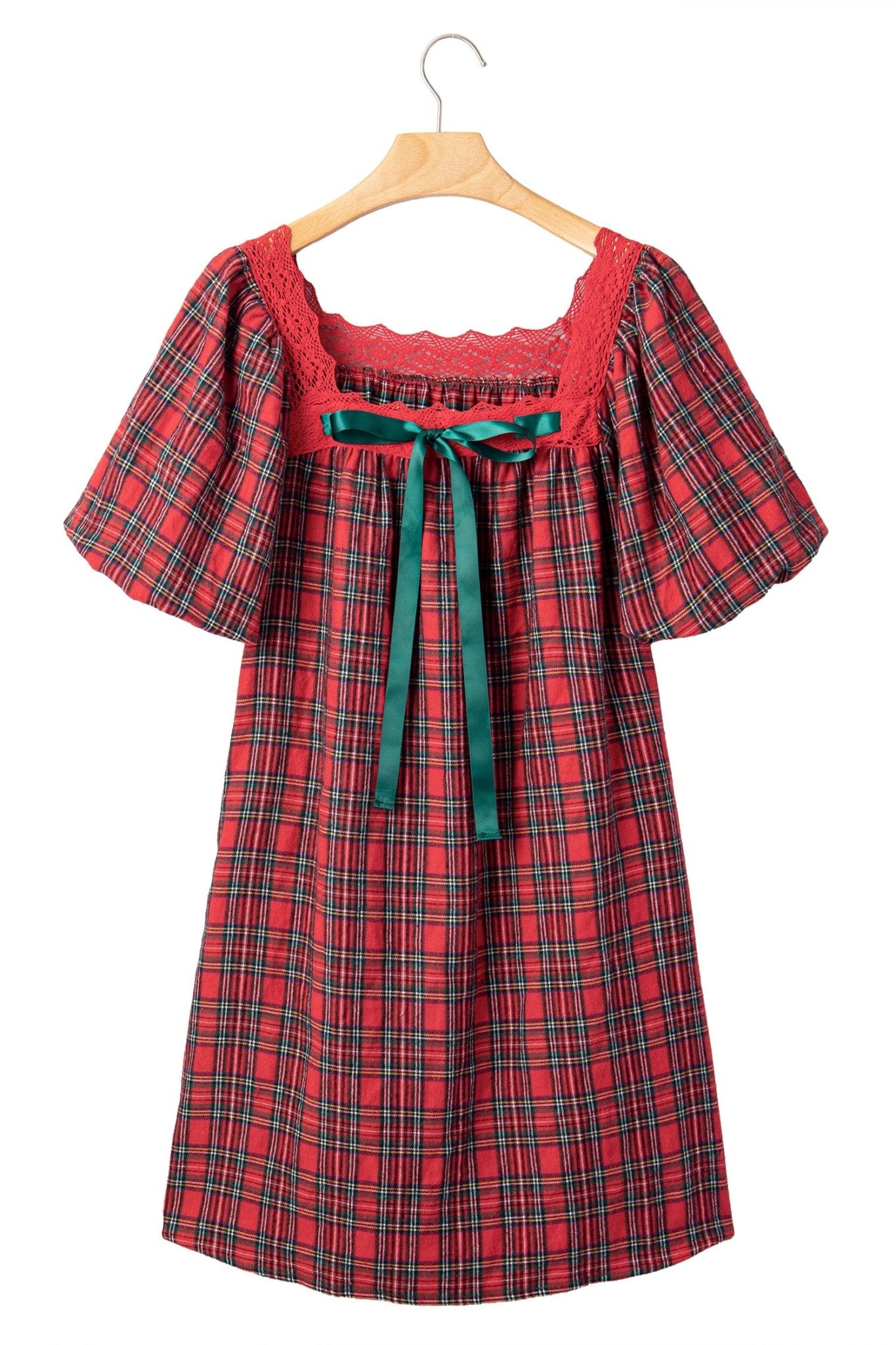 Plaid Puff Sleeve Green Bow Babydoll Mini Dress | Zarnesh - Zarnesh - Dresses/Mini Dresses