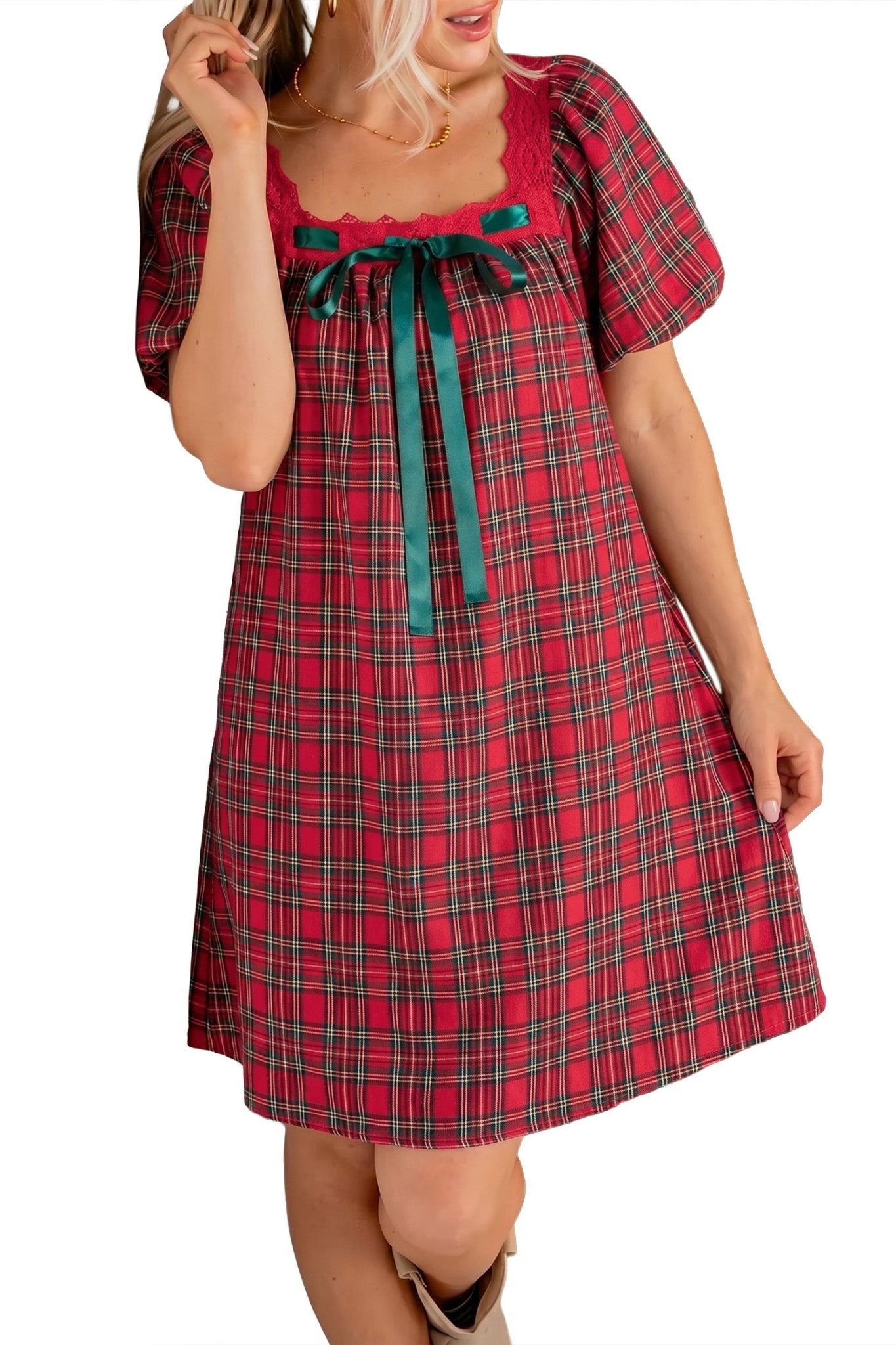 Plaid Puff Sleeve Green Bow Babydoll Mini Dress | Zarnesh - Zarnesh - Dresses/Mini Dresses