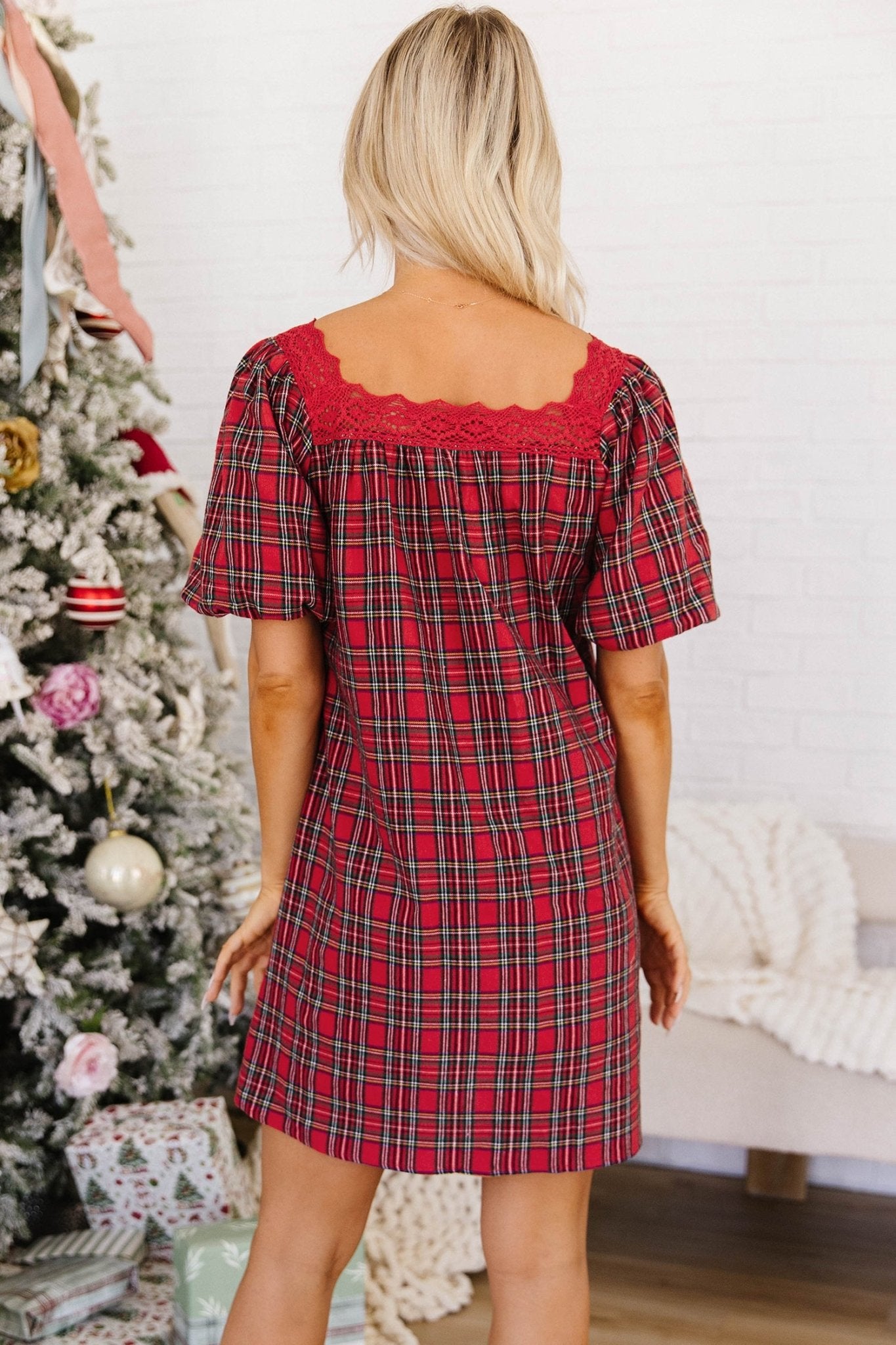 Plaid Puff Sleeve Green Bow Babydoll Mini Dress | Zarnesh - Zarnesh - Dresses/Mini Dresses