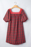 Plaid Puff Sleeve Green Bow Babydoll Mini Dress | Zarnesh - Zarnesh - Dresses/Mini Dresses