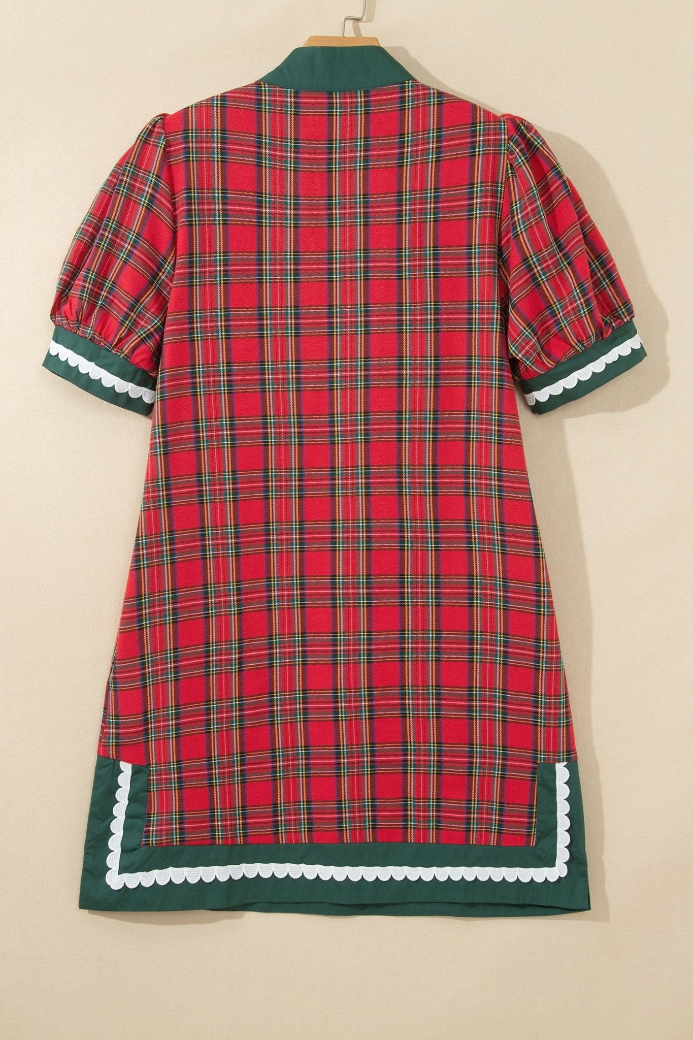 Plaid Puff Sleeve Scalloped V-Neck Mini Dress | Zarnesh - ZarneshDresses/Mini Dresses