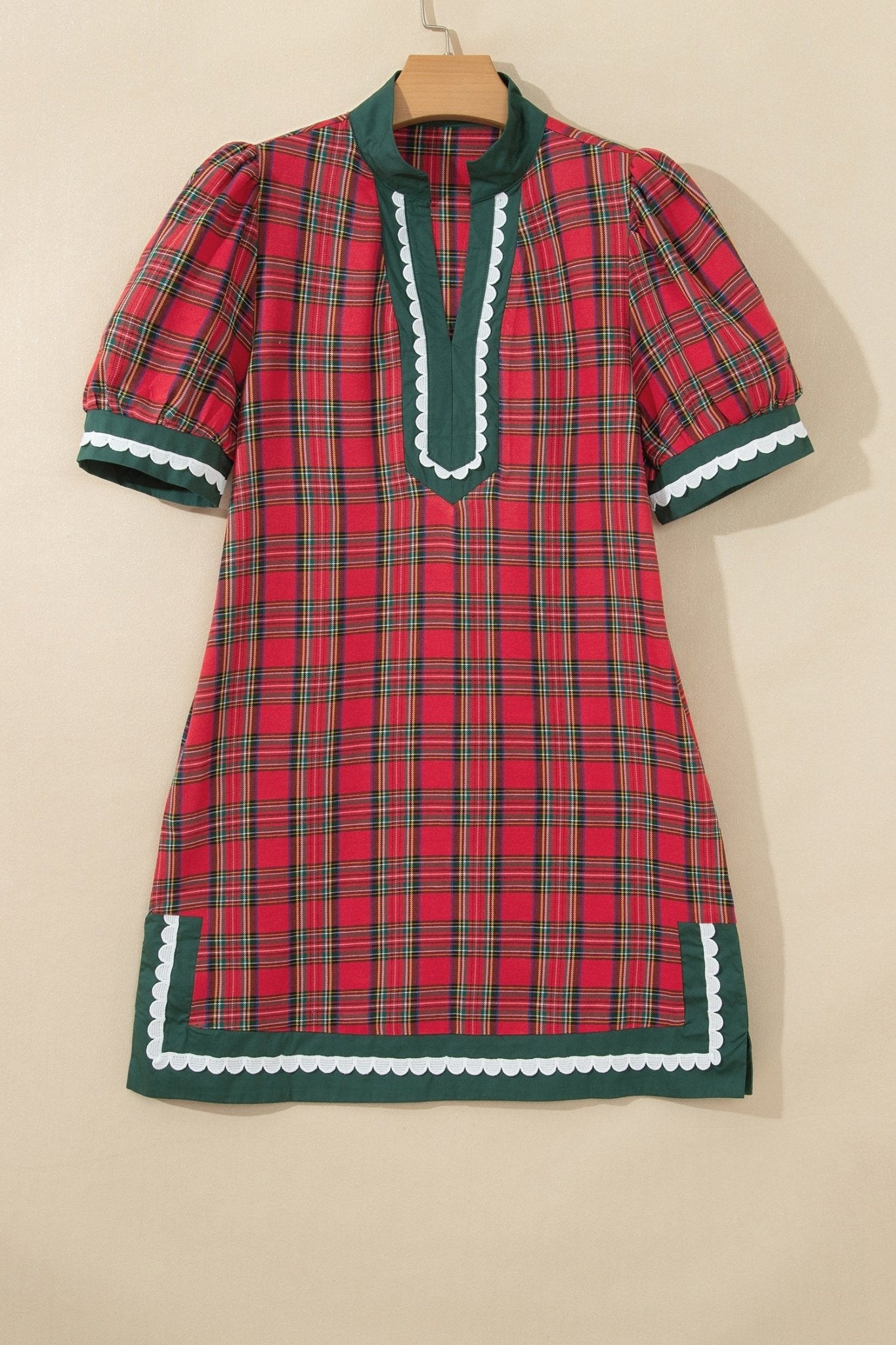 Plaid Puff Sleeve Scalloped V-Neck Mini Dress | Zarnesh - ZarneshDresses/Mini Dresses