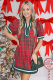 Plaid Puff Sleeve Scalloped V-Neck Mini Dress | Zarnesh - ZarneshDresses/Mini Dresses