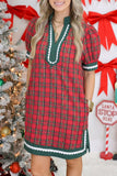 Plaid Puff Sleeve Scalloped V-Neck Mini Dress | Zarnesh - ZarneshDresses/Mini Dresses