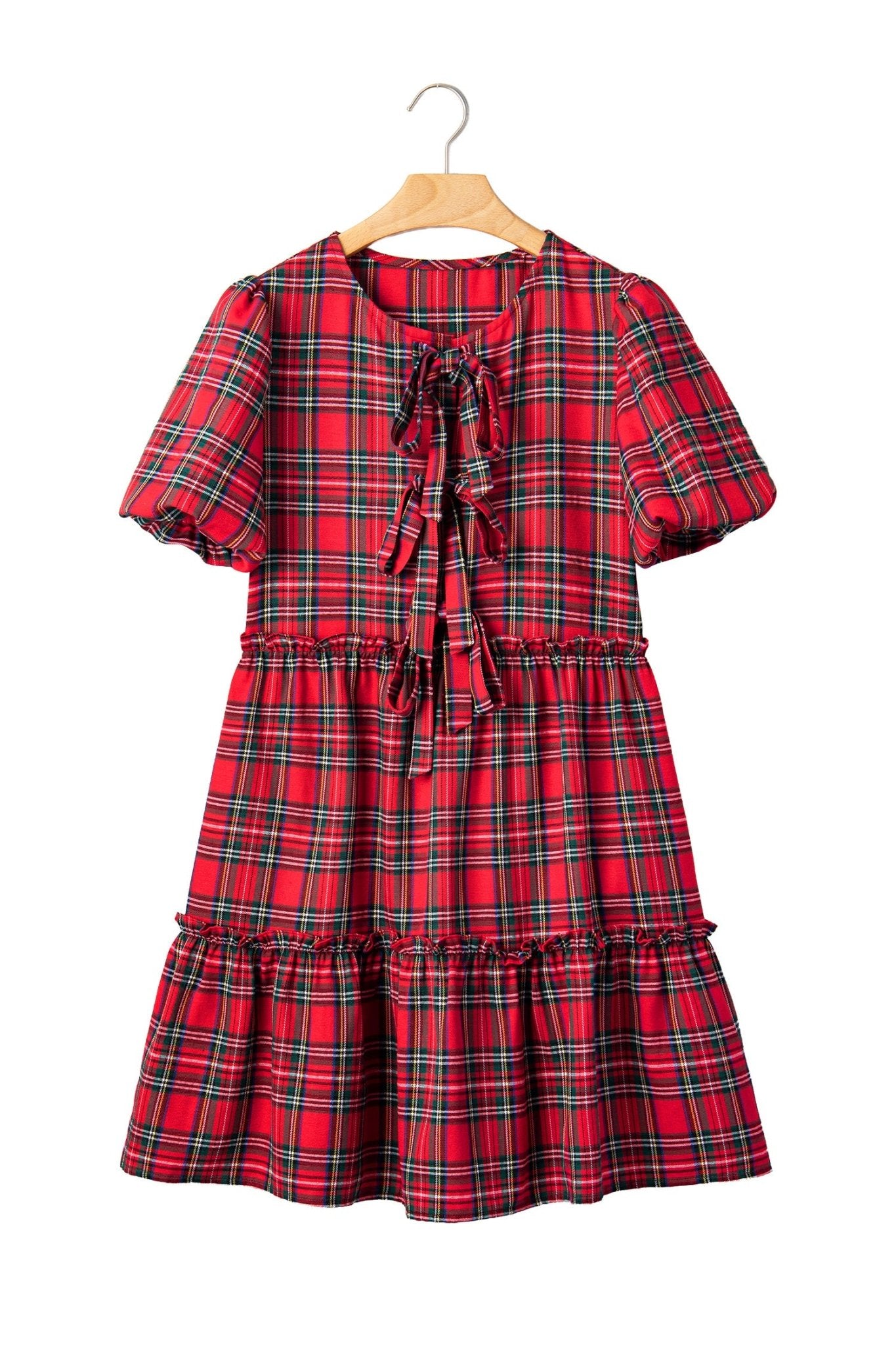 Plaid Puff Sleeve Tiered Tie Neck Mini Dress | Zarnesh - Zarnesh - Dresses/Midi Dresses