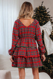 Person wearing a red plaid dress in front of a decorated Christmas tree.