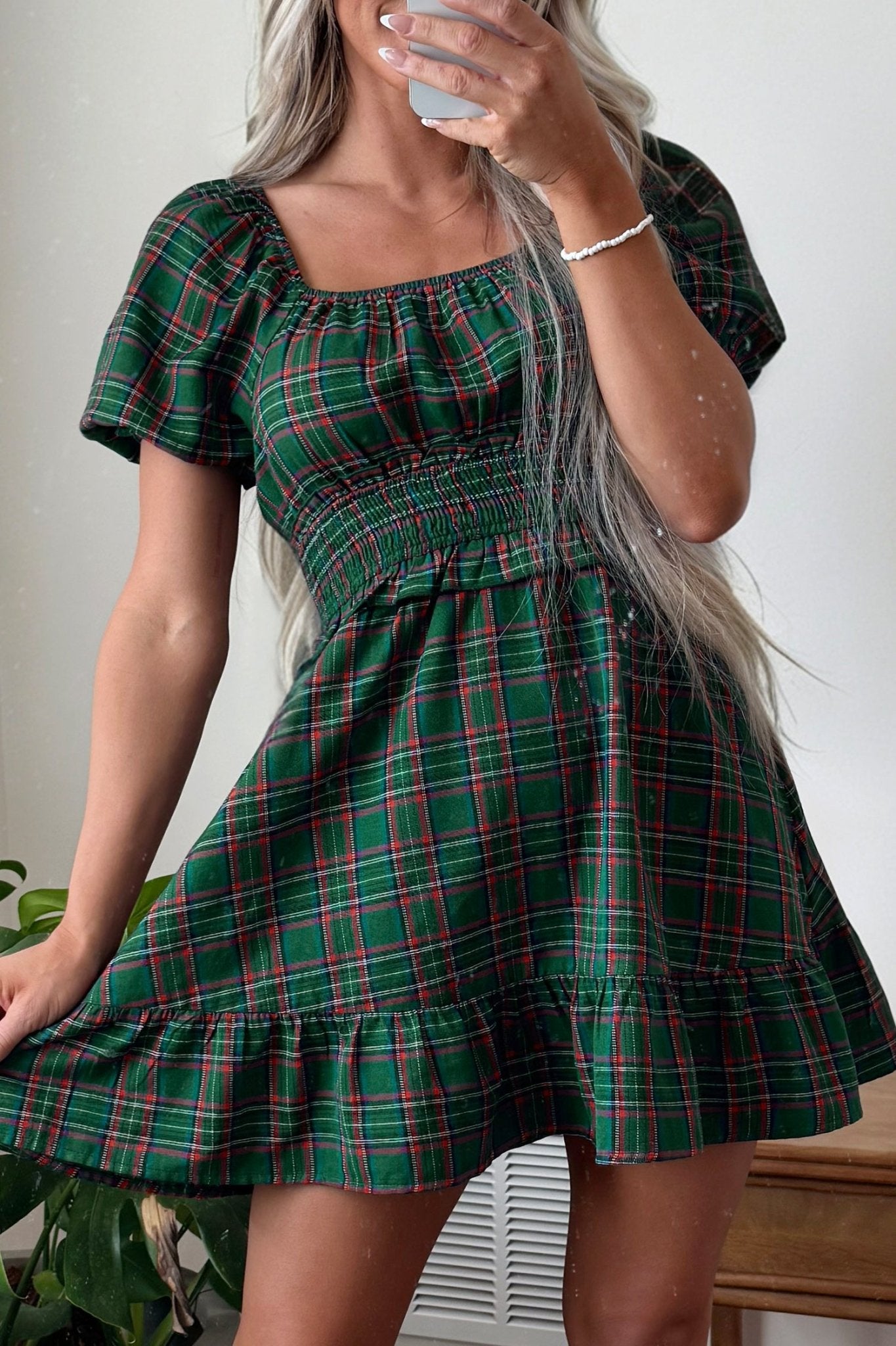 Plaid Smocked Waist Square Neck Mini Dress | Zarnesh - ZarneshPlaid Smocked Waist Square Neck Mini Dress | Zarnesh