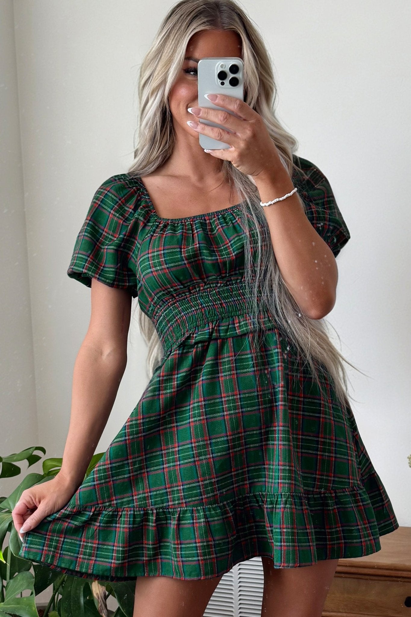 Plaid Smocked Waist Square Neck Mini Dress | Zarnesh - ZarneshPlaid Smocked Waist Square Neck Mini Dress | Zarnesh