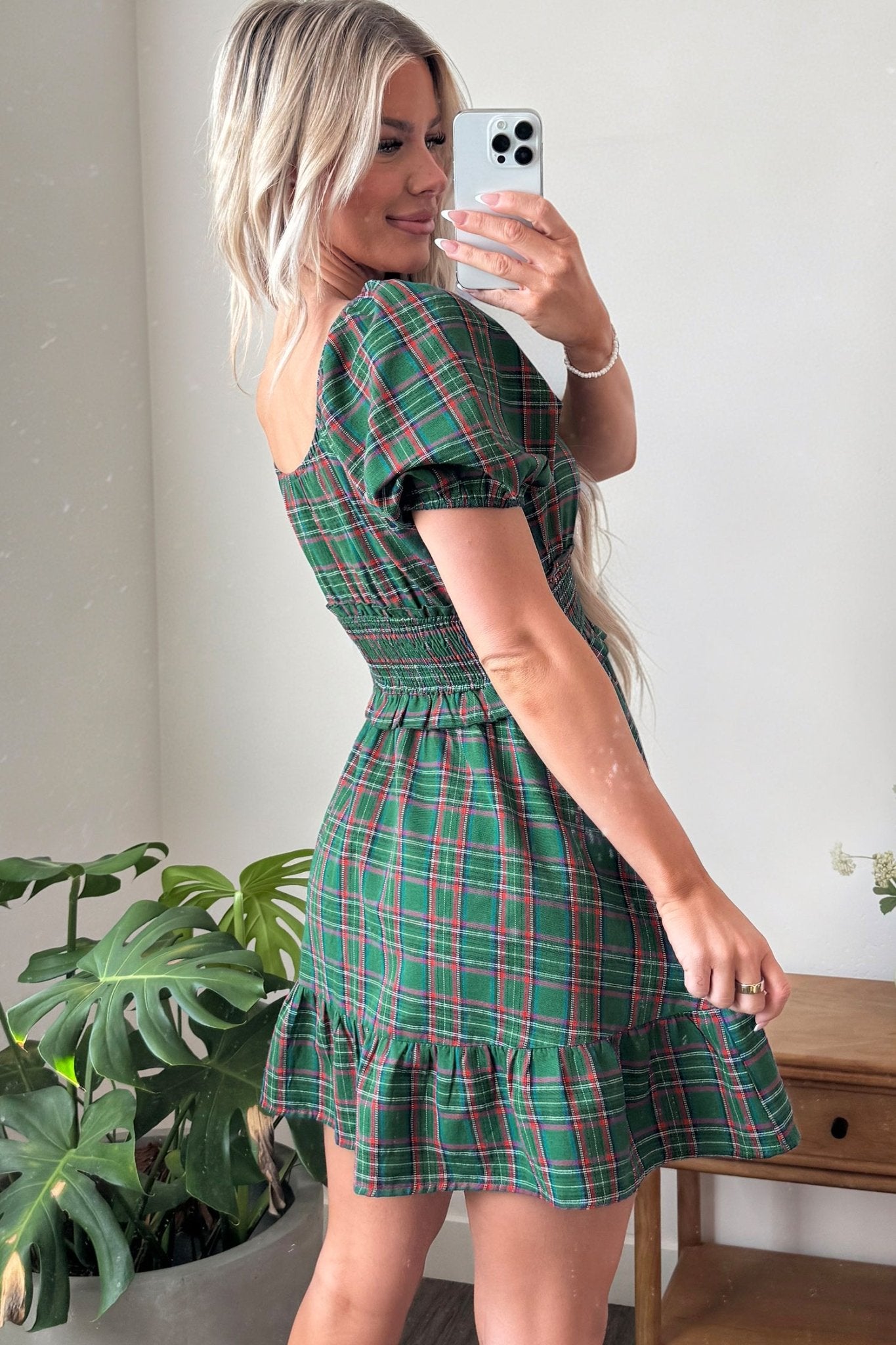 Plaid Smocked Waist Square Neck Mini Dress | Zarnesh - ZarneshPlaid Smocked Waist Square Neck Mini Dress | Zarnesh