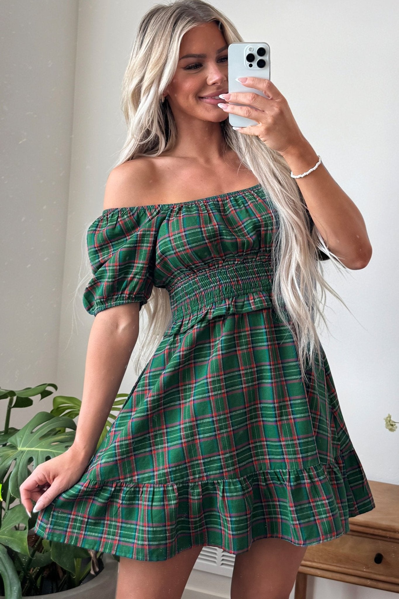 Plaid Smocked Waist Square Neck Mini Dress | Zarnesh - ZarneshPlaid Smocked Waist Square Neck Mini Dress | Zarnesh