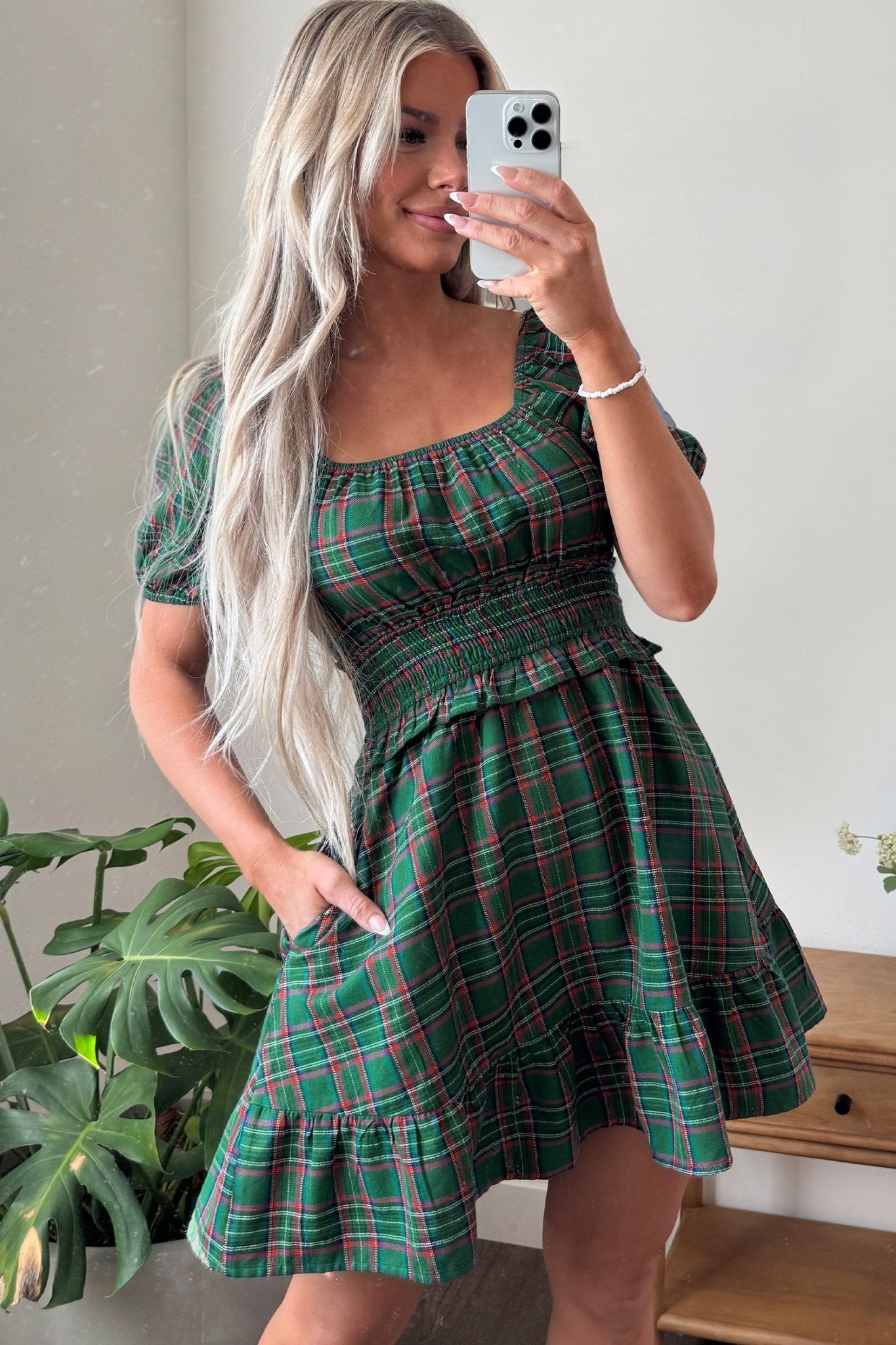 Plaid Smocked Waist Square Neck Mini Dress | Zarnesh - ZarneshPlaid Smocked Waist Square Neck Mini Dress | Zarnesh