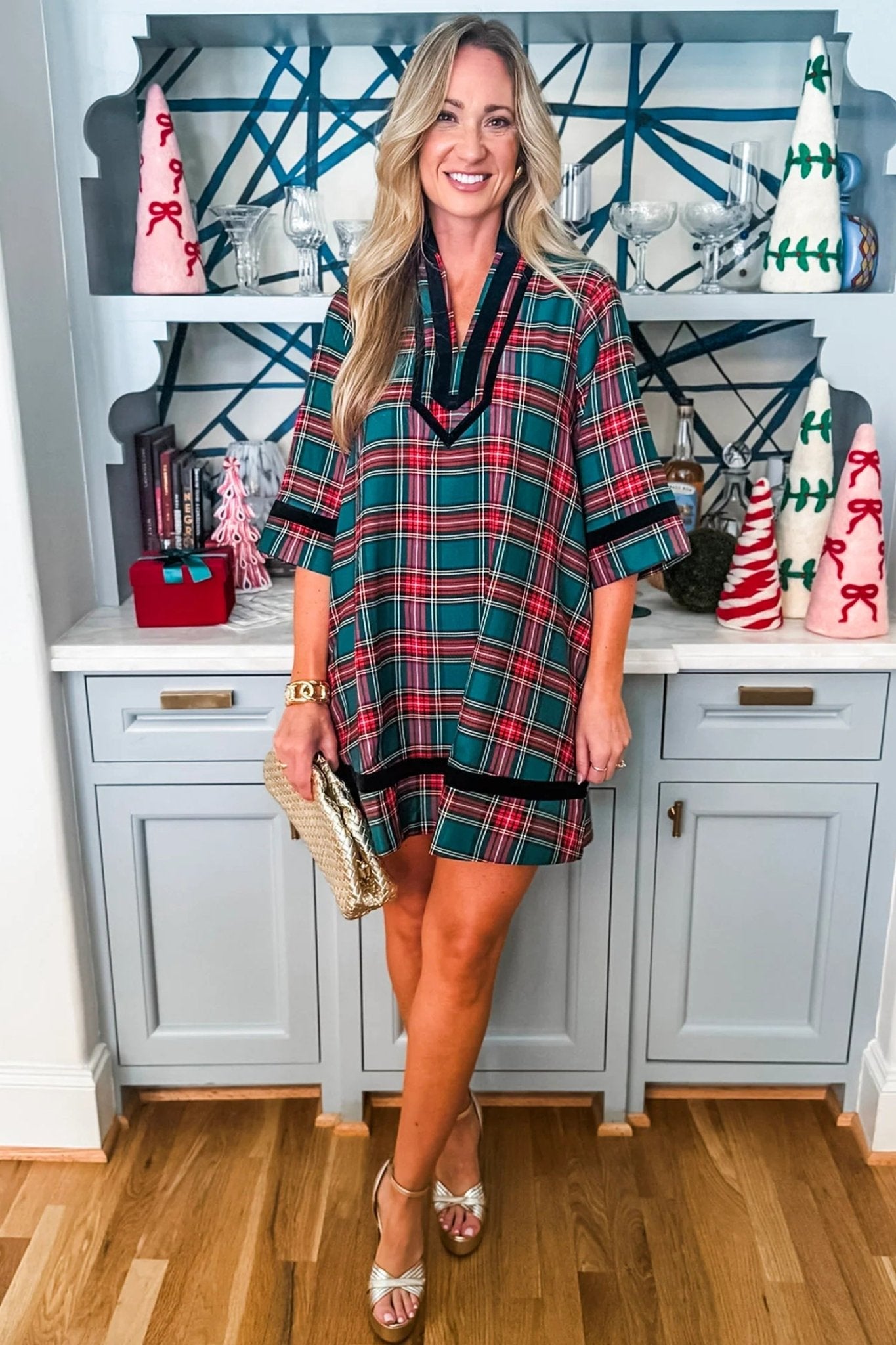 Plaid Velvet Trim Mini Dress with Pockets | Zarnesh - Zarnesh - Dresses/Mini Dresses