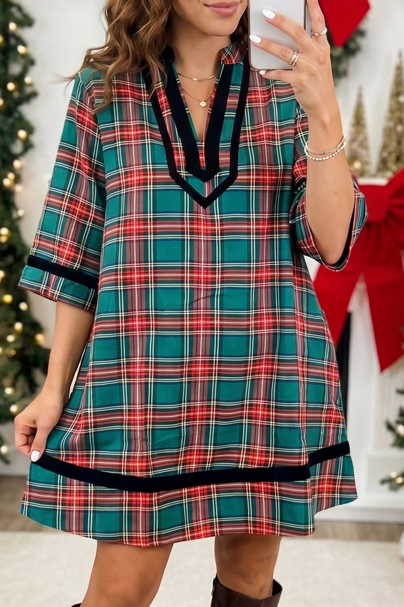 Plaid Velvet Trim Mini Dress with Pockets | Zarnesh - Zarnesh - Dresses/Mini Dresses