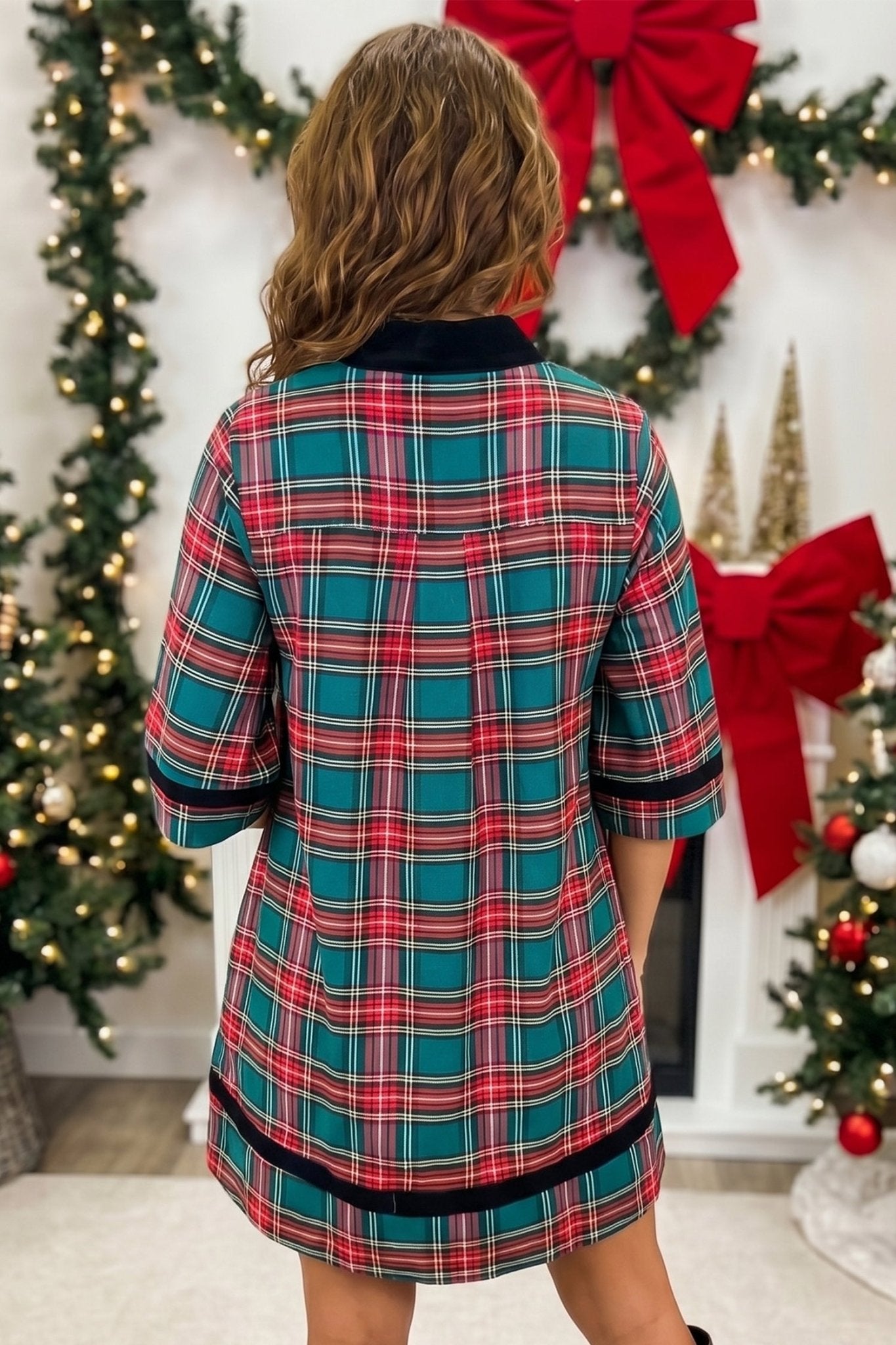 Plaid Velvet Trim Mini Dress with Pockets | Zarnesh - Zarnesh - Dresses/Mini Dresses